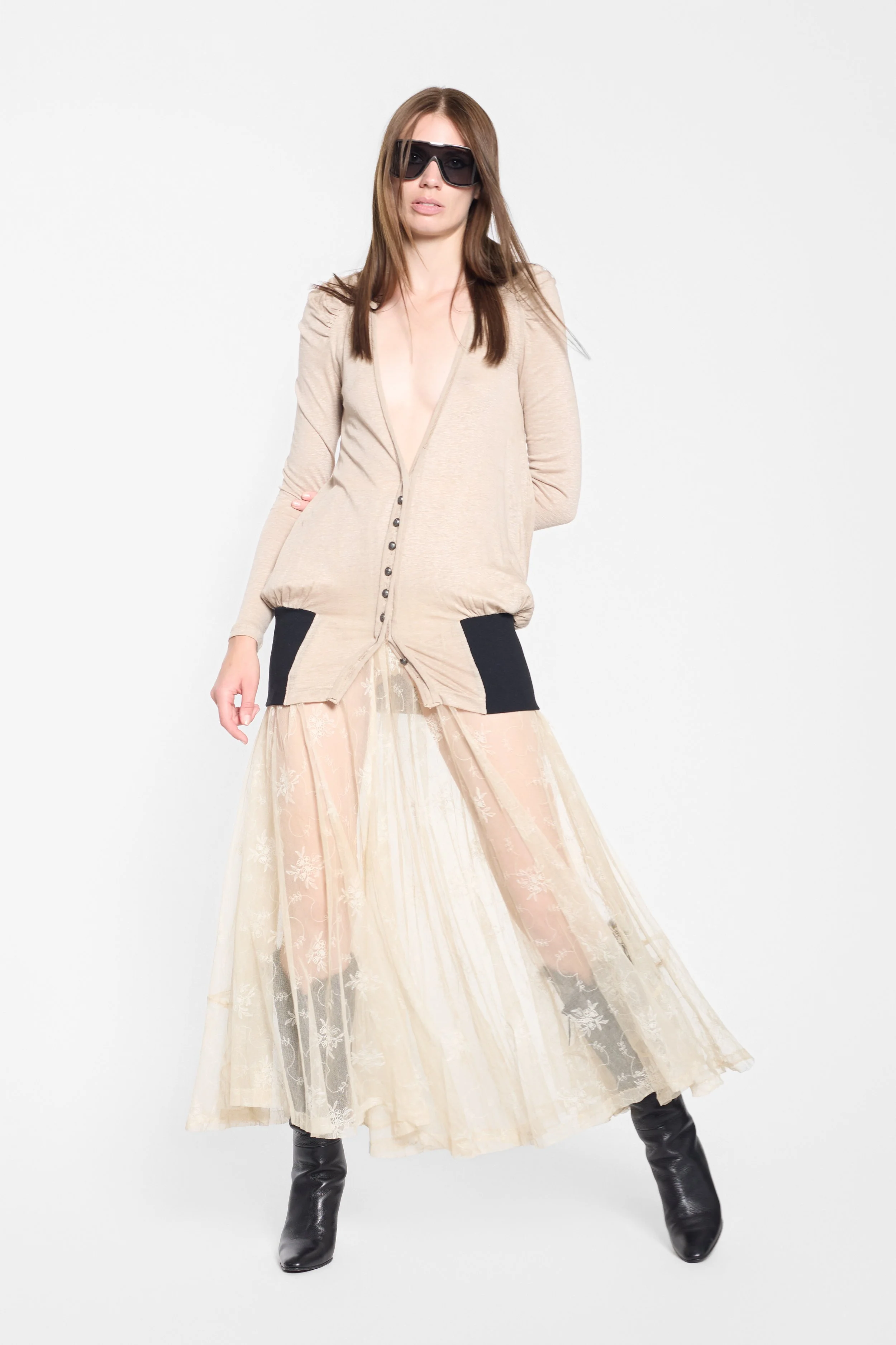 LUXXM beige cardigan full length editorial
