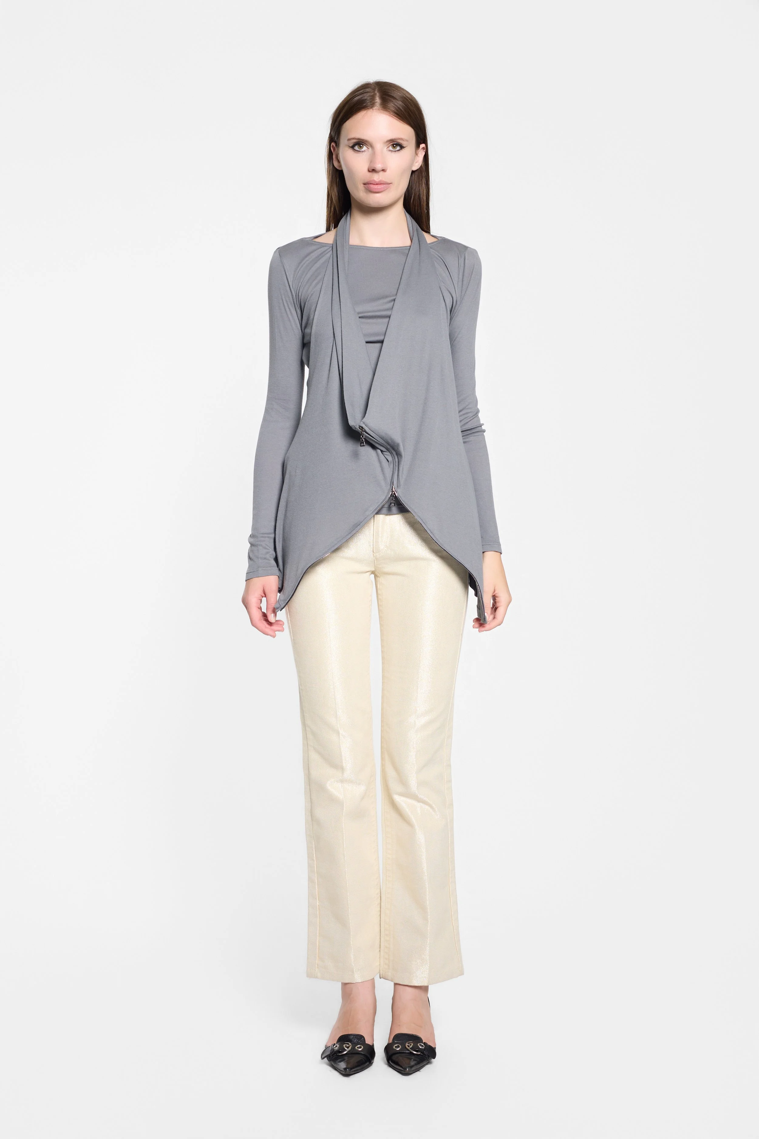 Front view of LUXXM grey cotton-silk two-piece top with deep V-neck and zip detailing