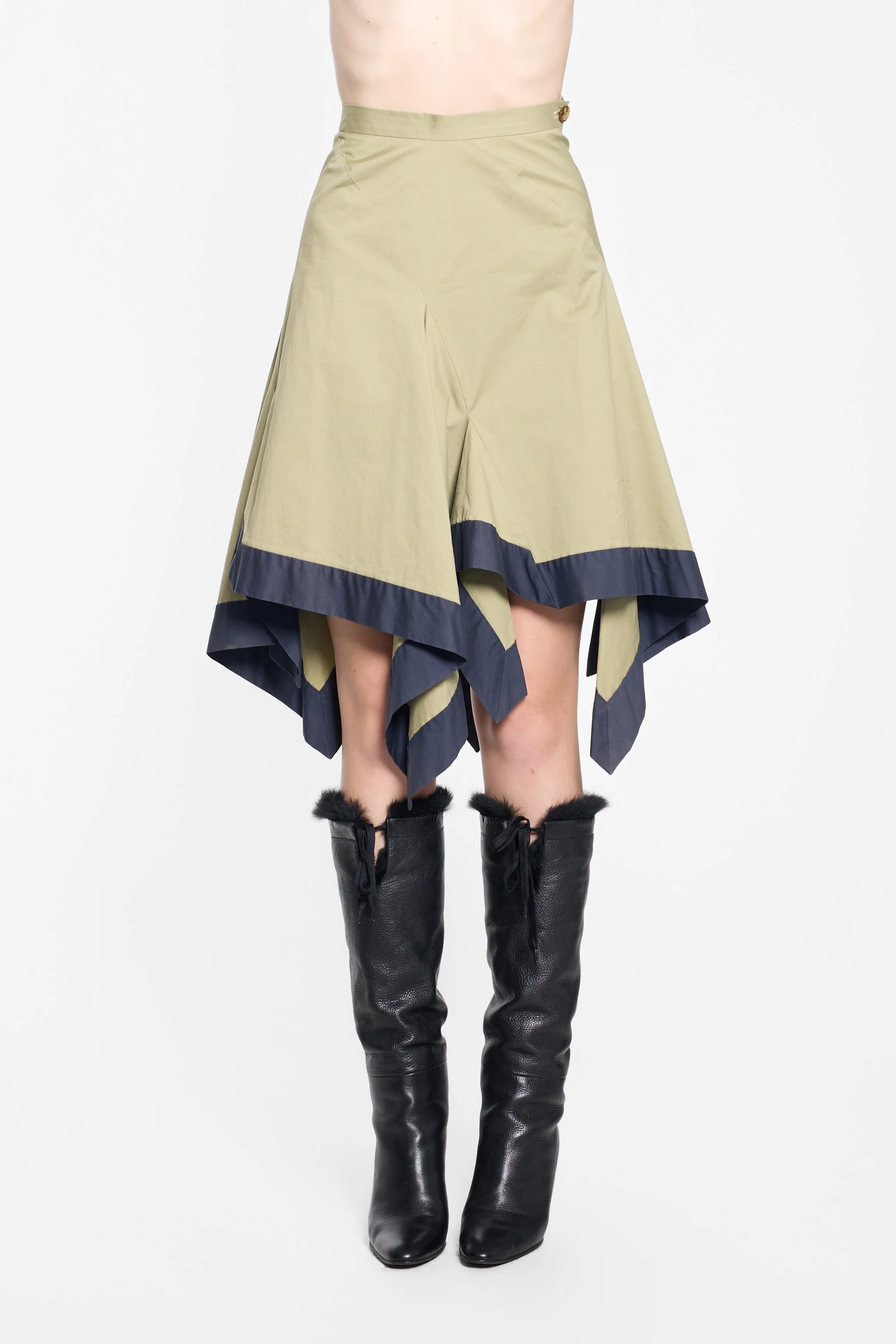 Vivienne Westwood olive asymmetric draped skirt worn on model, front view