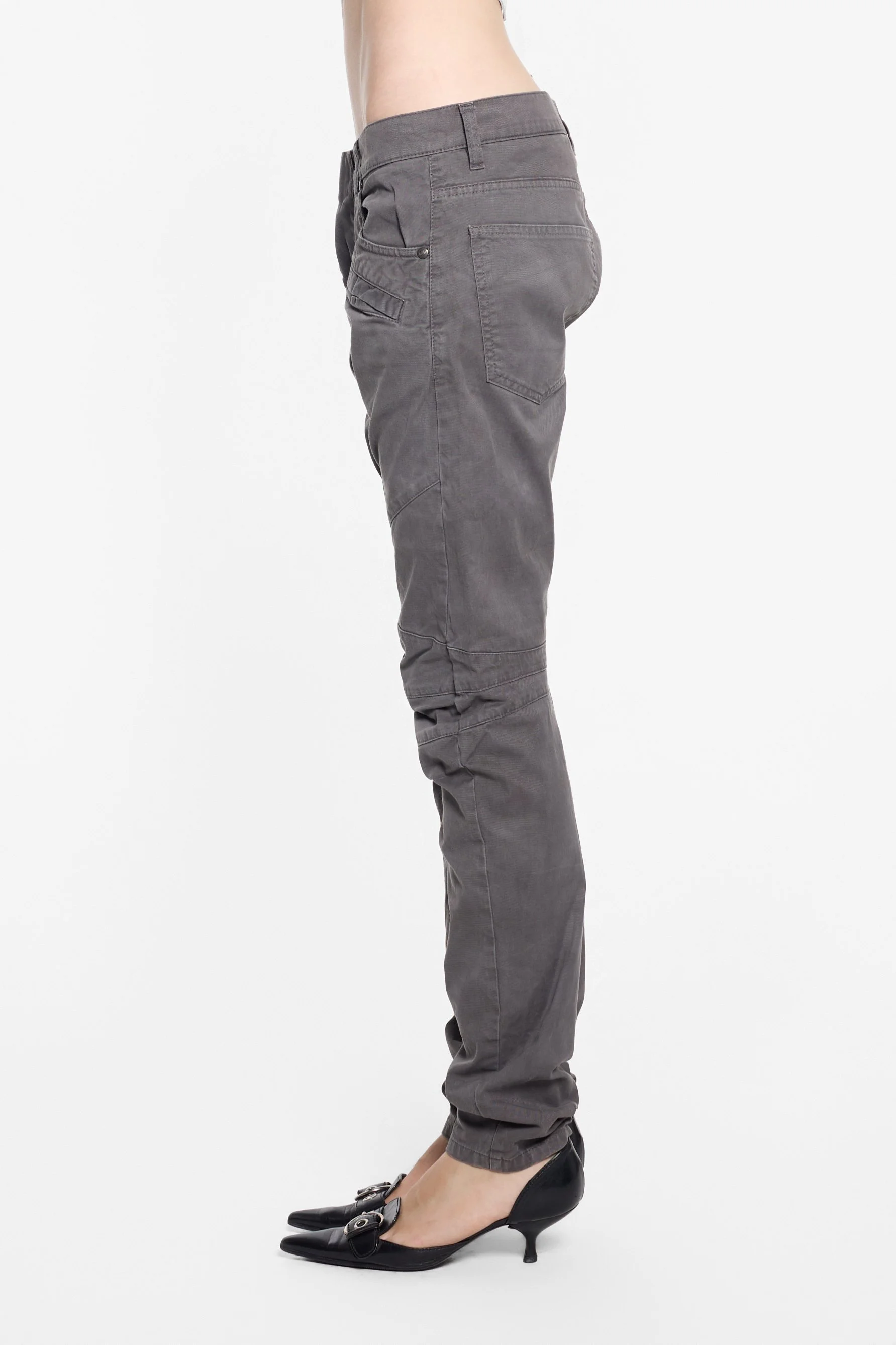 Side view of Pierre Balmain tapered trousers with utility pocket detailing