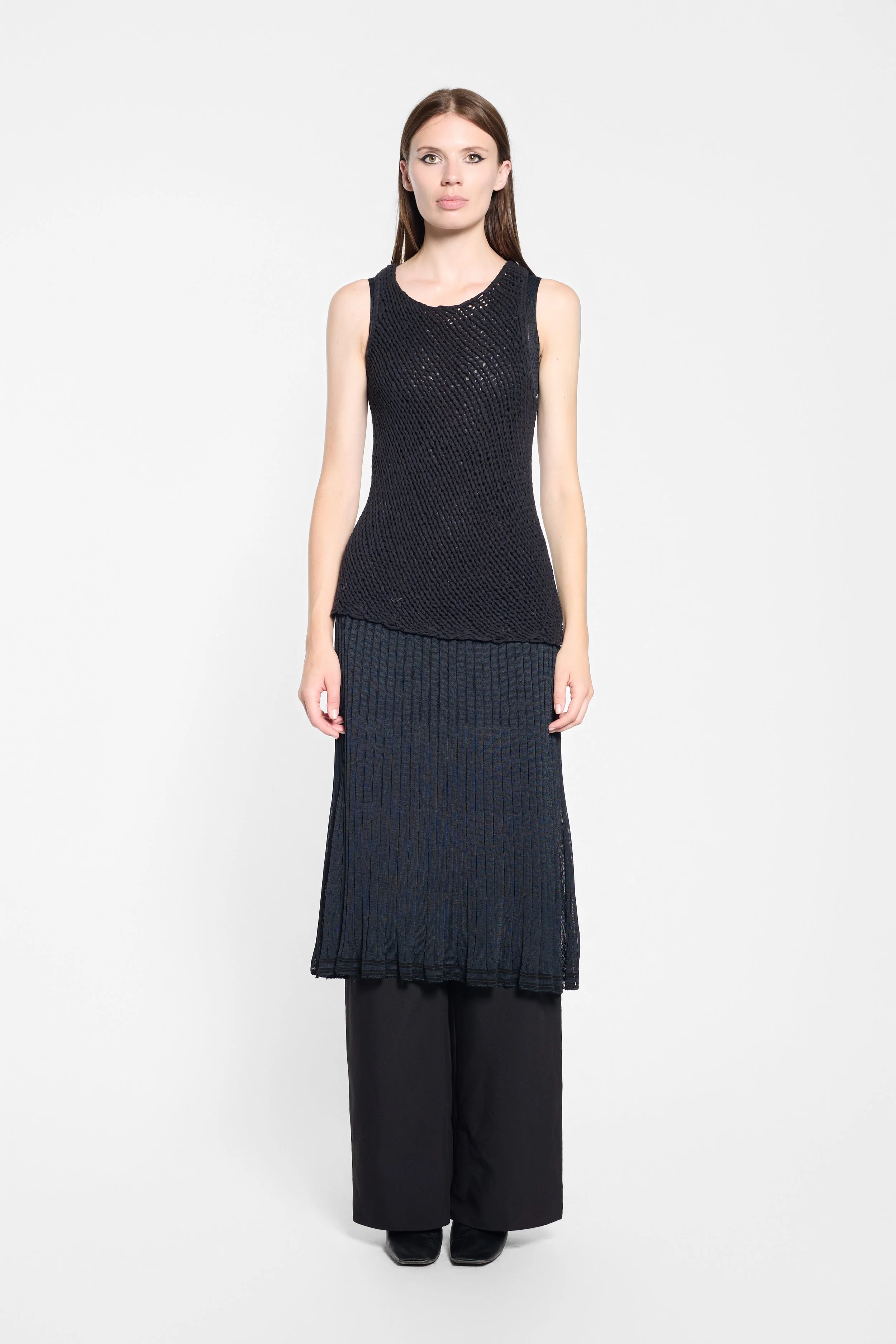 Front view of Vince black open-knit vest