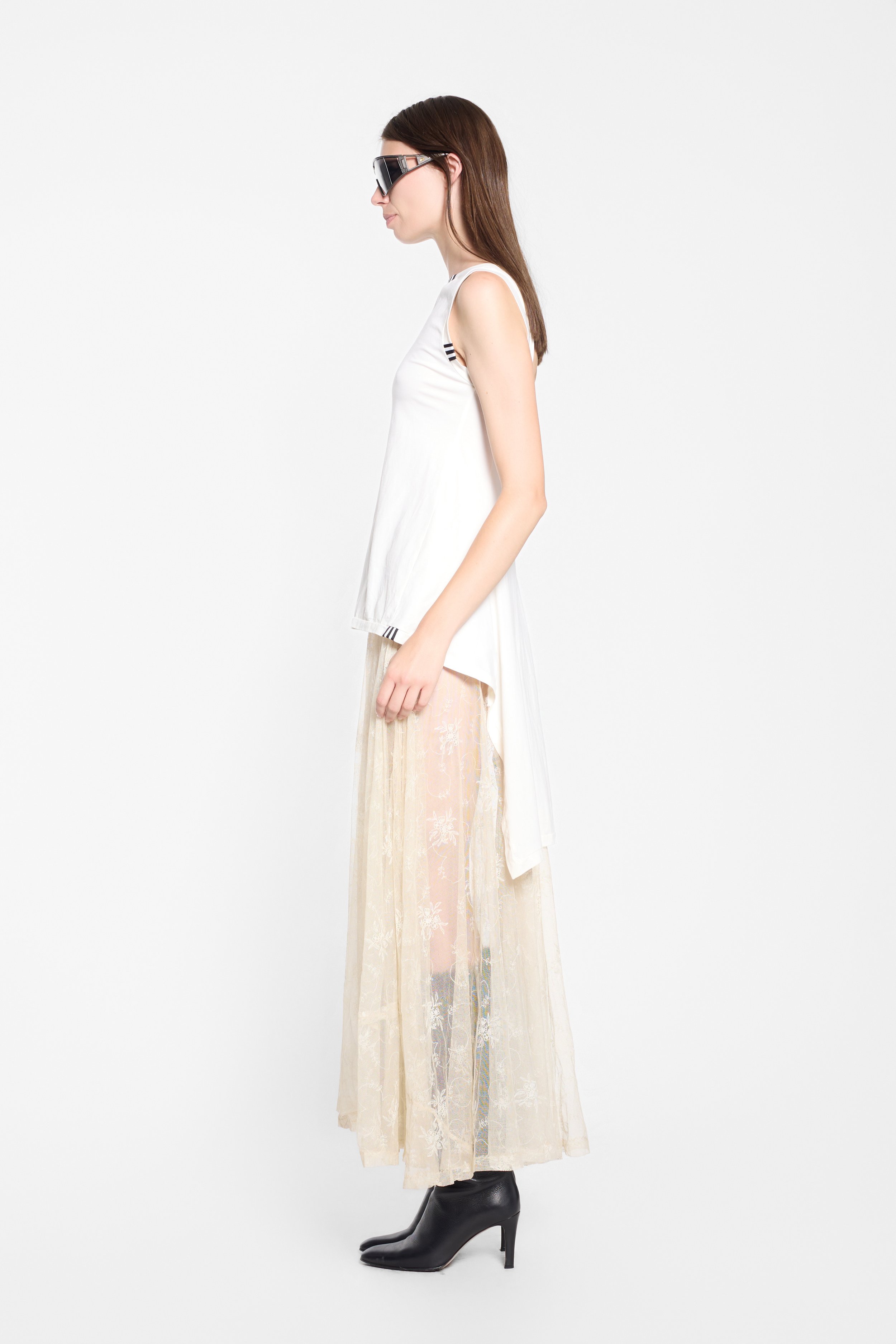 Y-3 SS2013 white asymmetric sleeveless top worn on model, side view