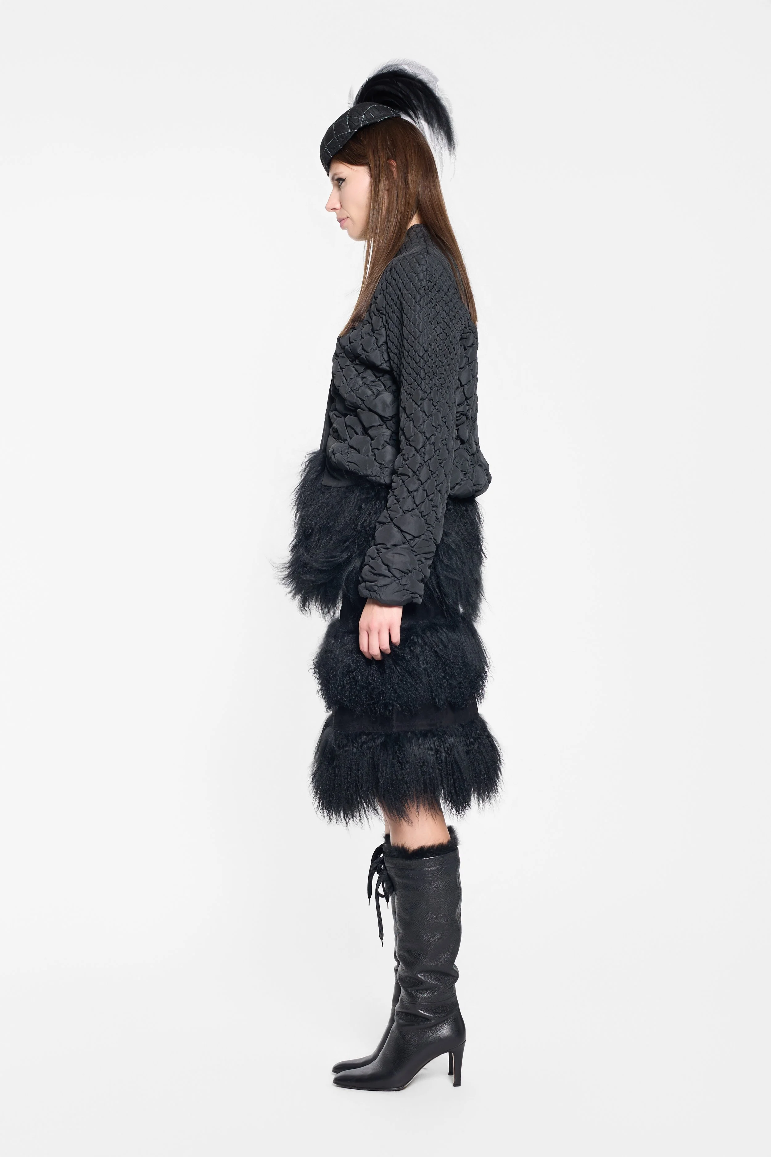 Side view of Max Blue boxy jacket with Tibetan lamb fur trim
