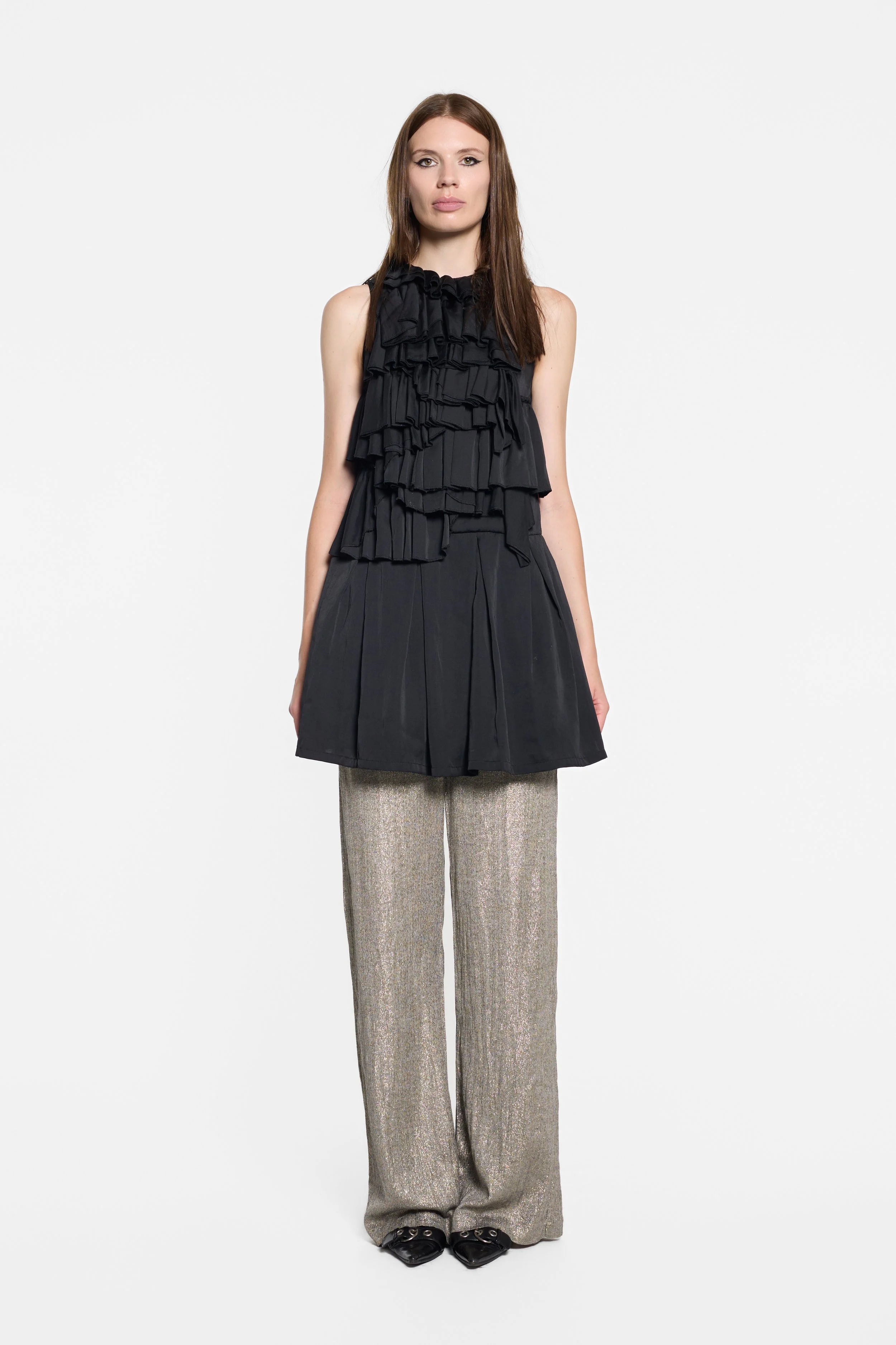 Front view of Douceur black ruffle dress