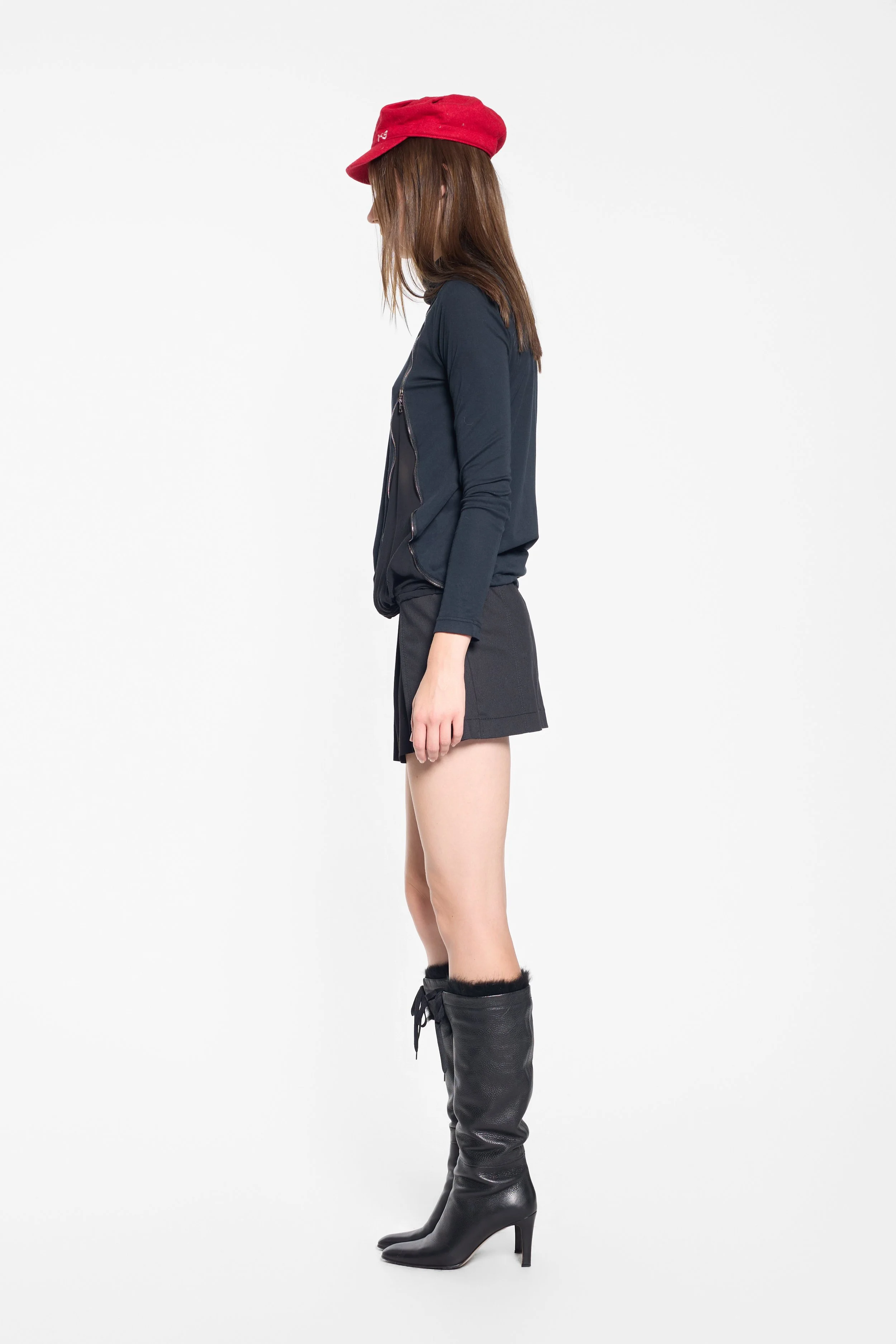 Side view of LUXXM charcoal top with sheer panel detailing