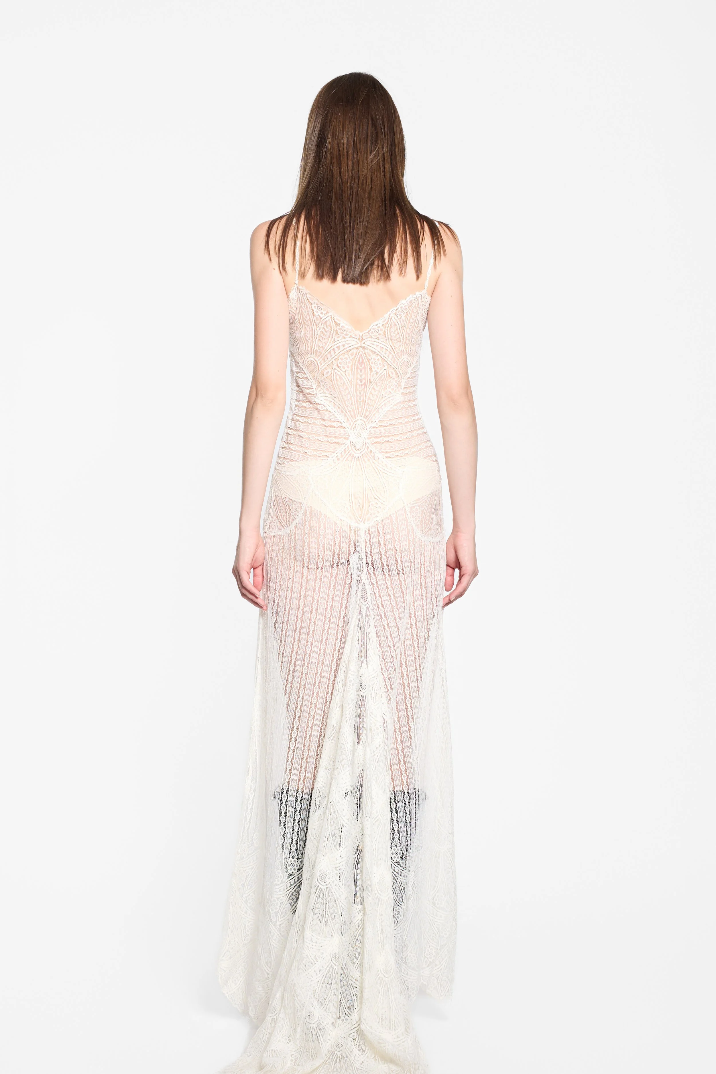 Back view of Anna Kara ivory lace gown with extended train