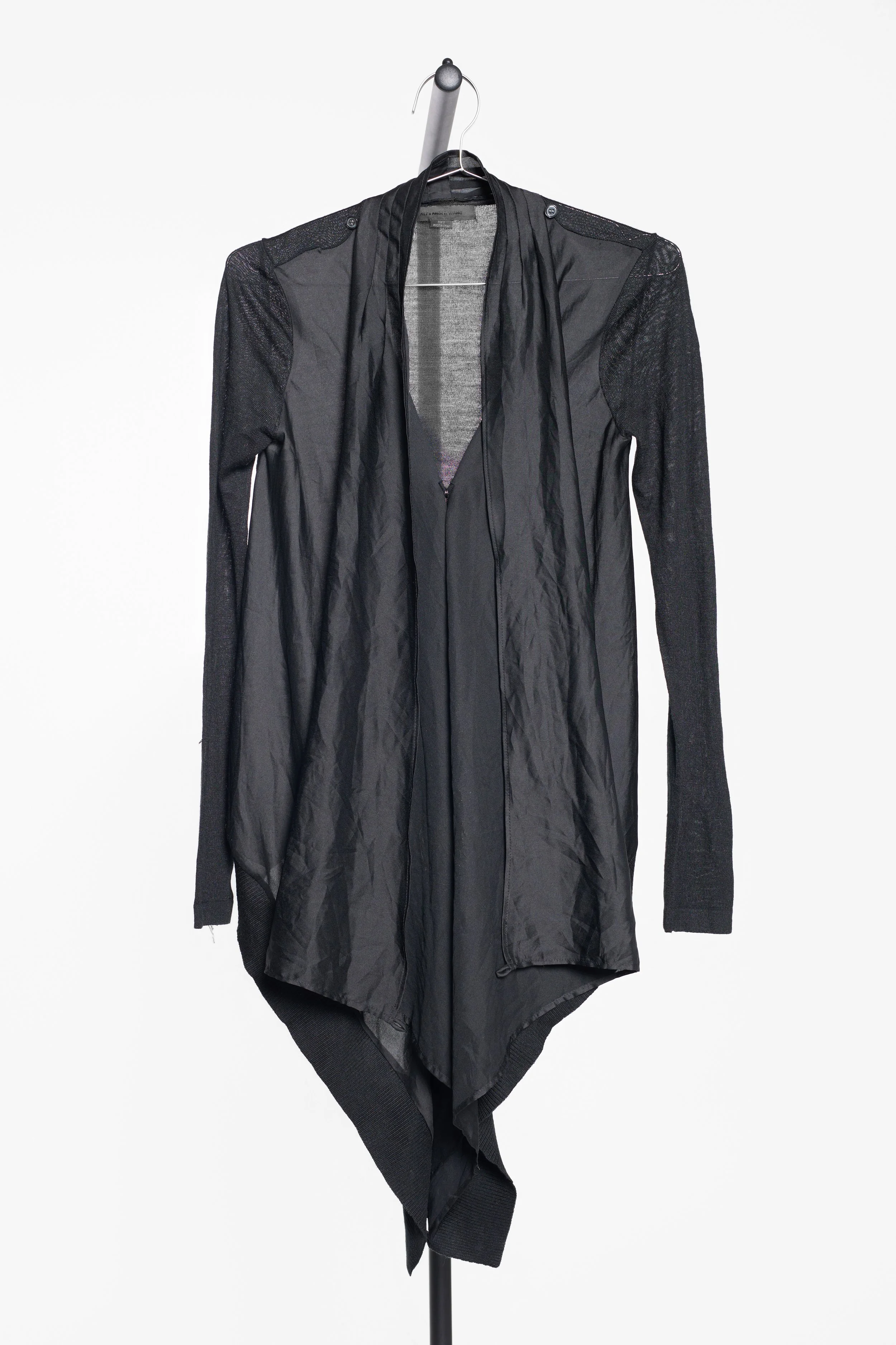 Full view of Alexander Wang draped knit cardigan with pointed hem