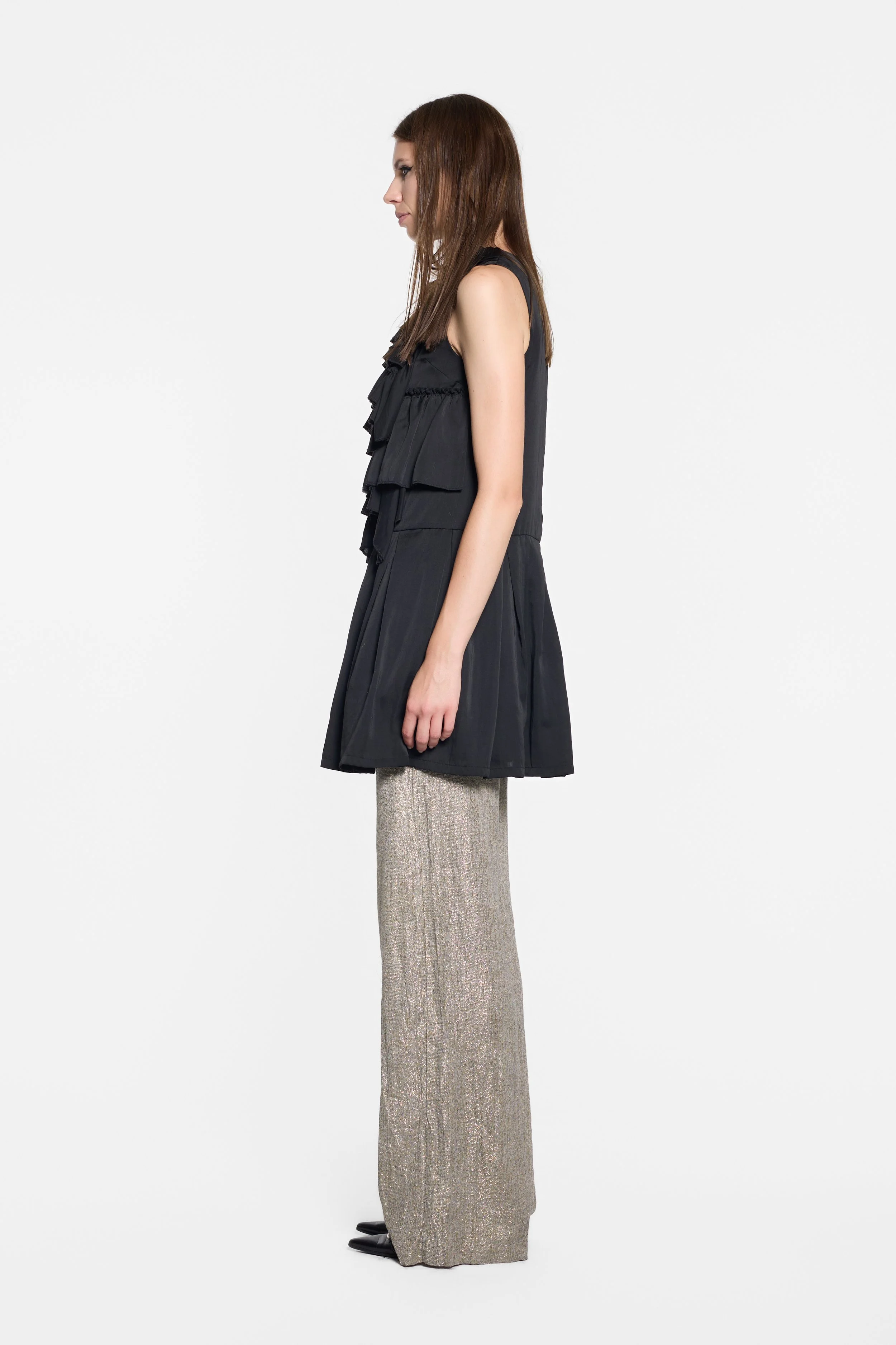 Side view of Douceur sleeveless mini dress with flared skirt