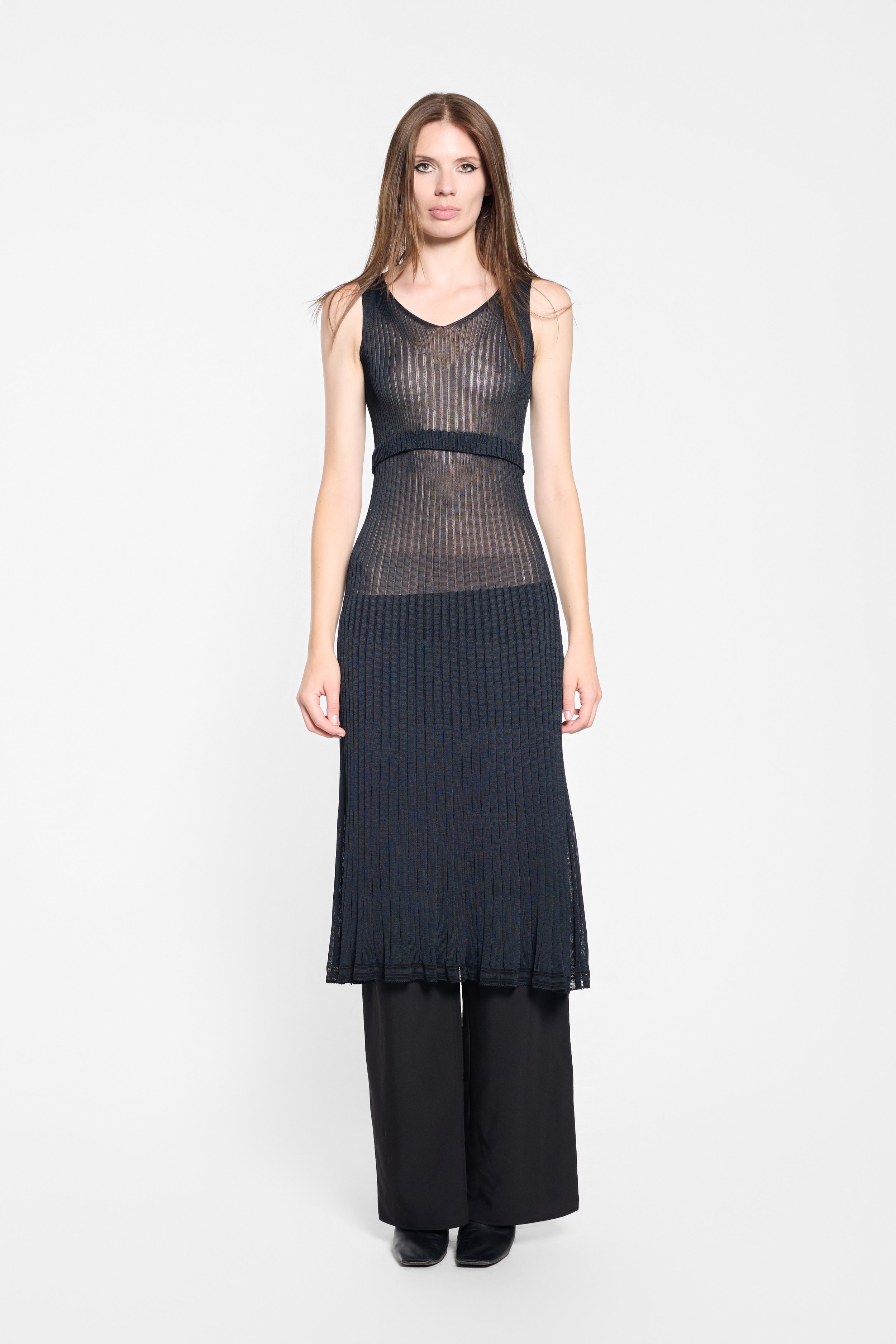 Front view of Hiroko Koshino black V-neck knit dress