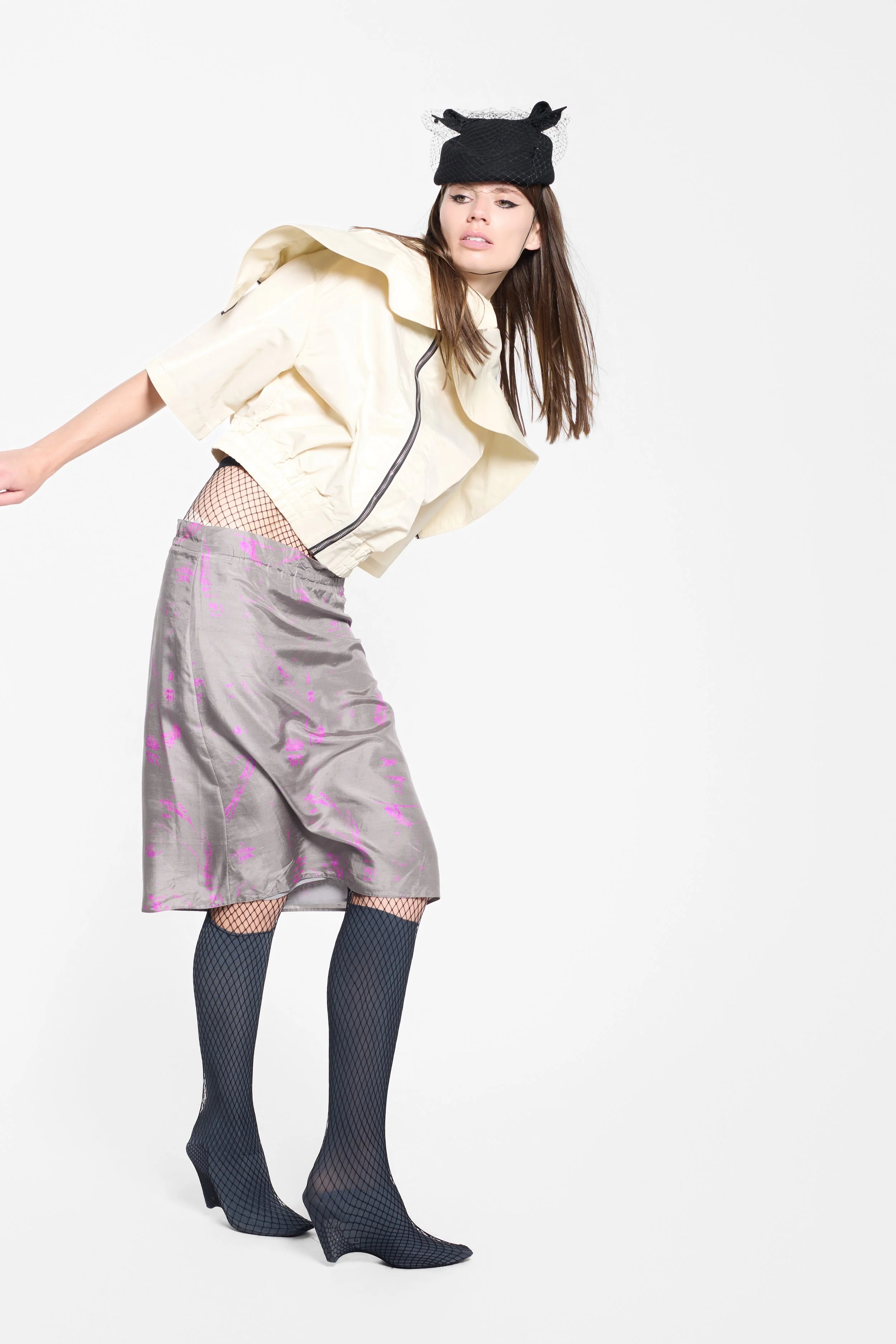 Rick Owens DRKSHDW cropped funnel jacket styled with a silk skirt