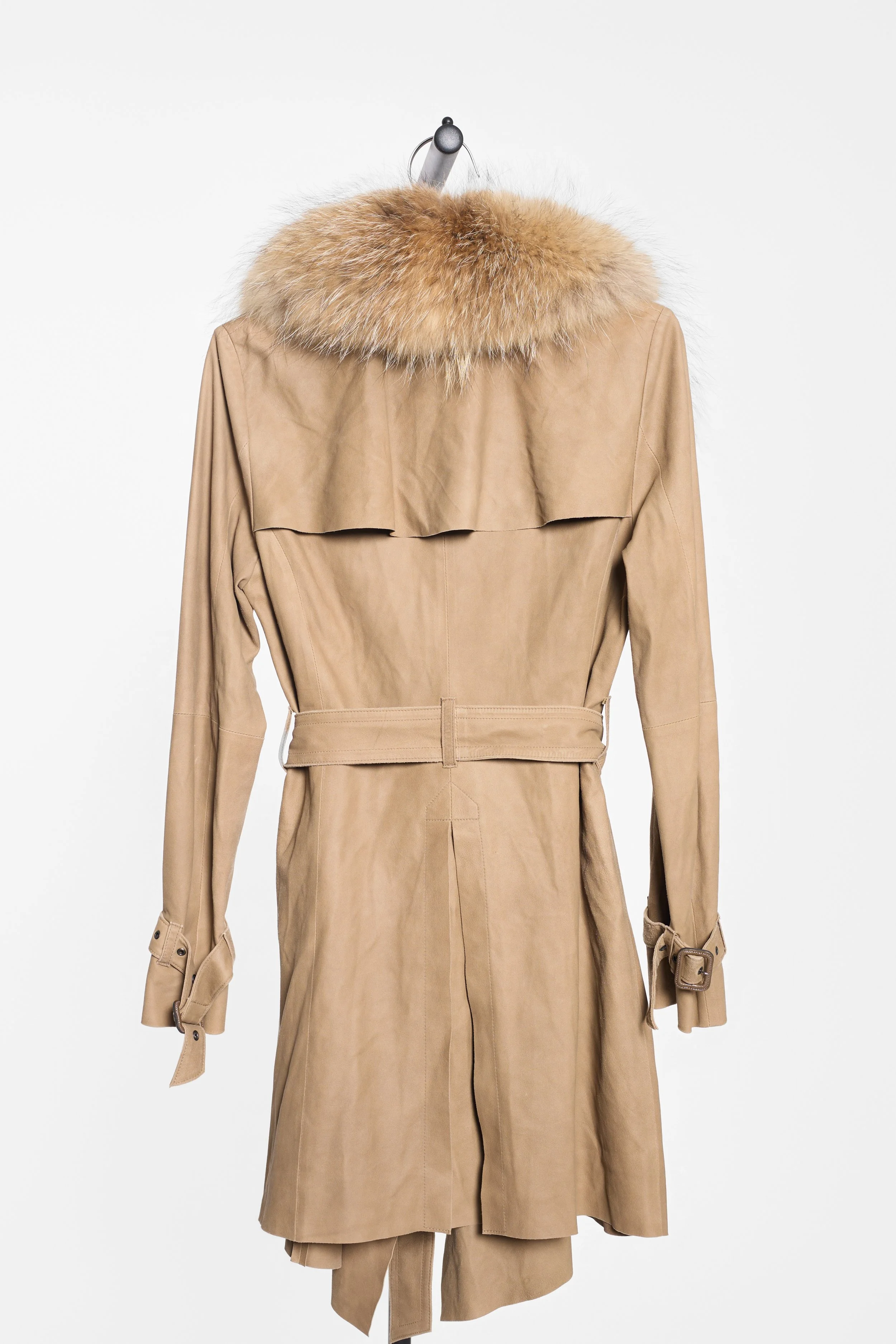 Back view of Rawtus suede trench with fur collar and storm flap