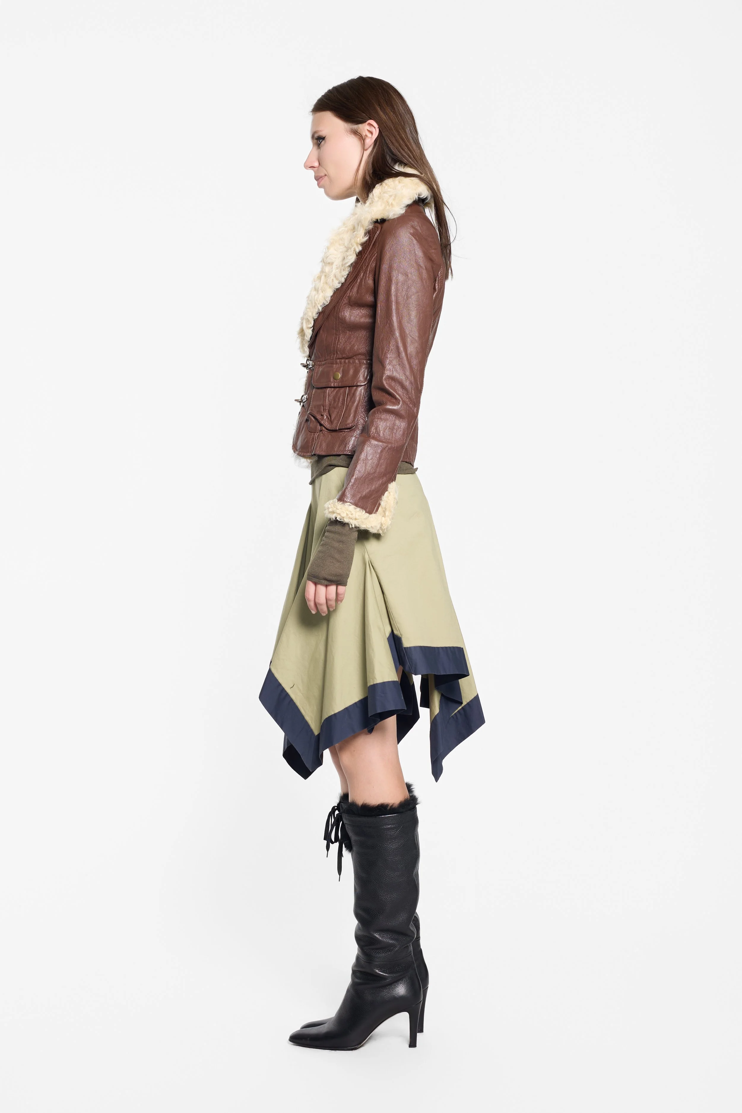 Side view of Biemme fitted brown leather jacket with cream collar