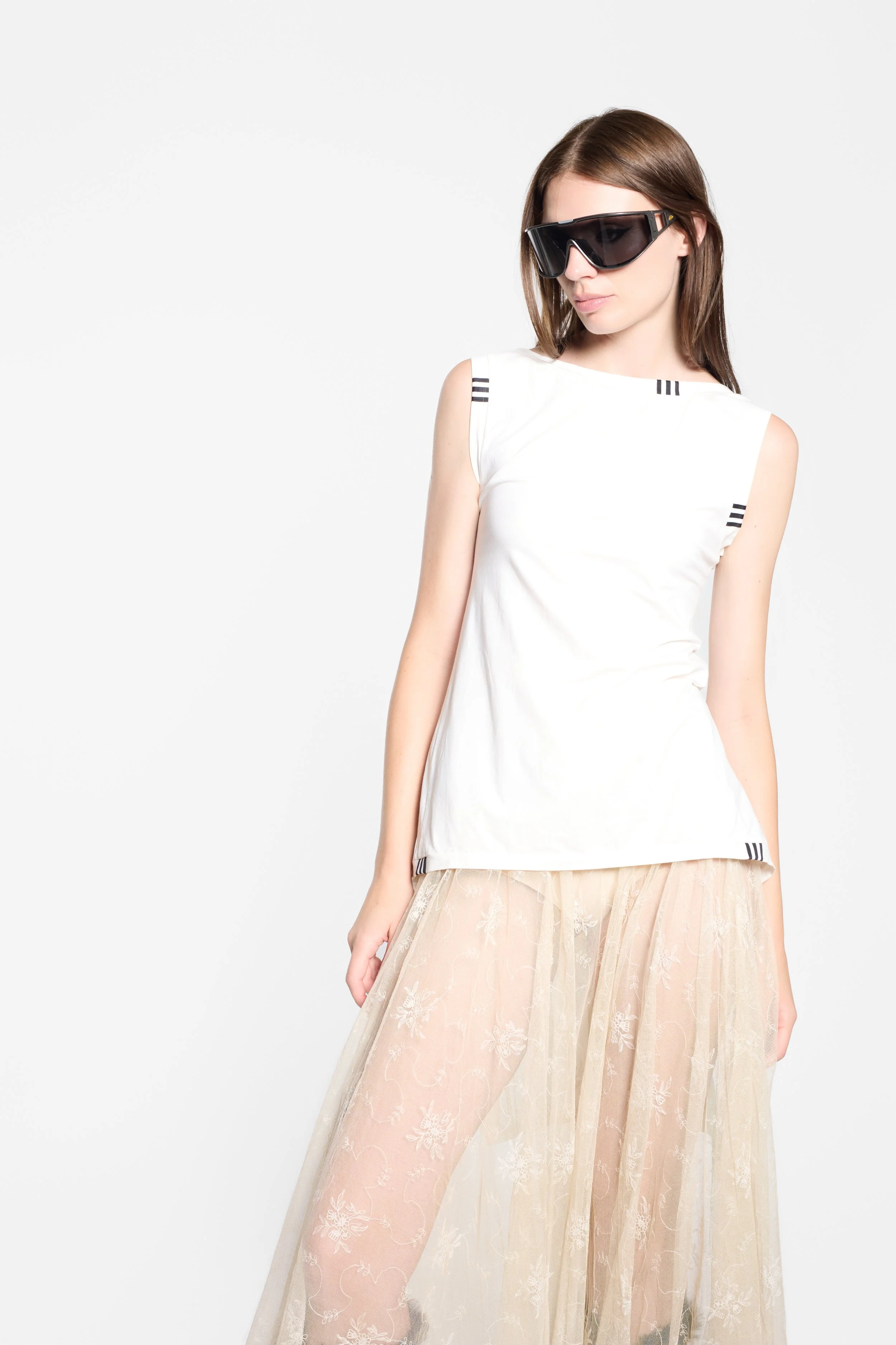 Y-3 SS2013 white runway top styled on model, portrait editorial image