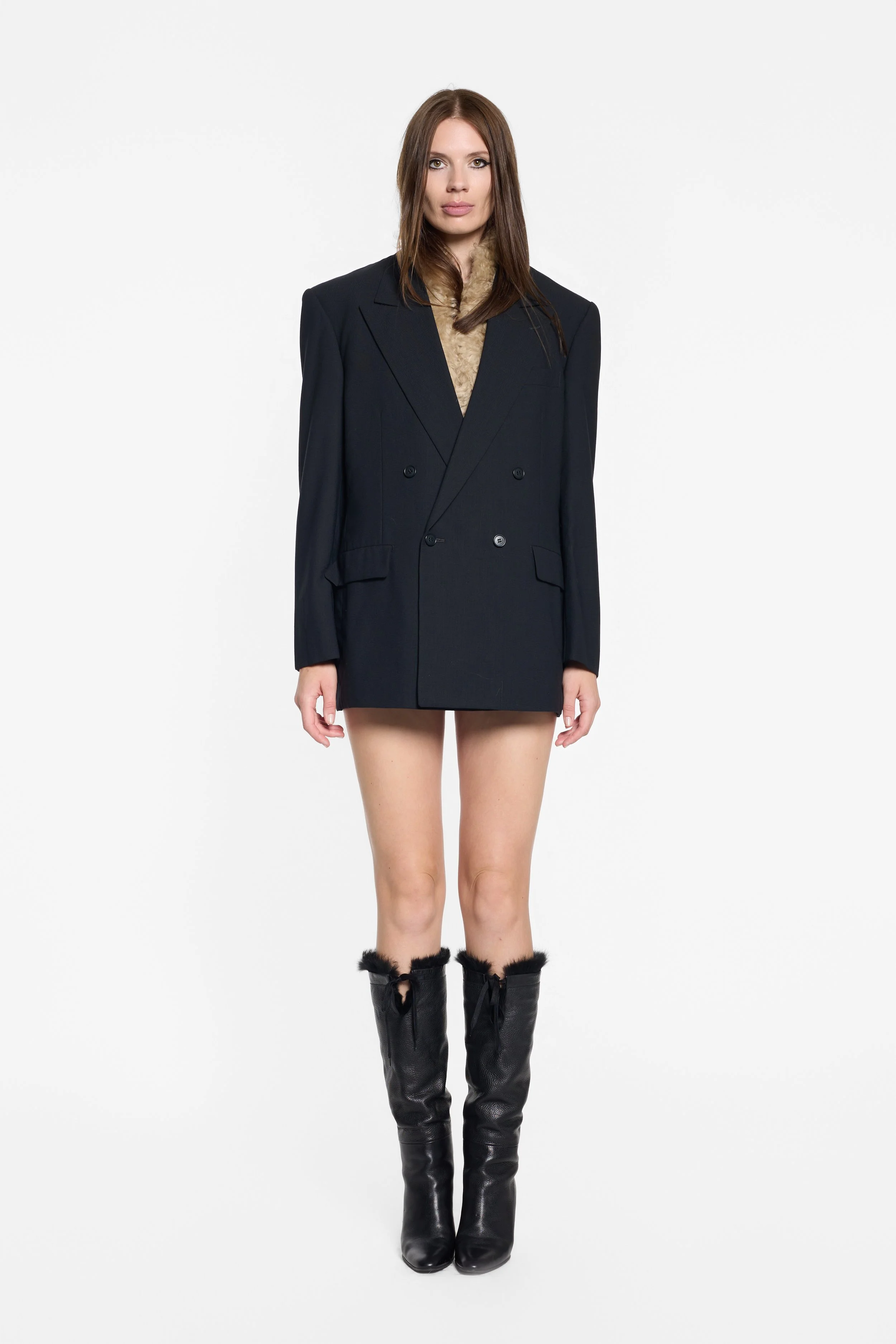Front view of Yohji Yamamoto A.A.R navy double-breasted blazer