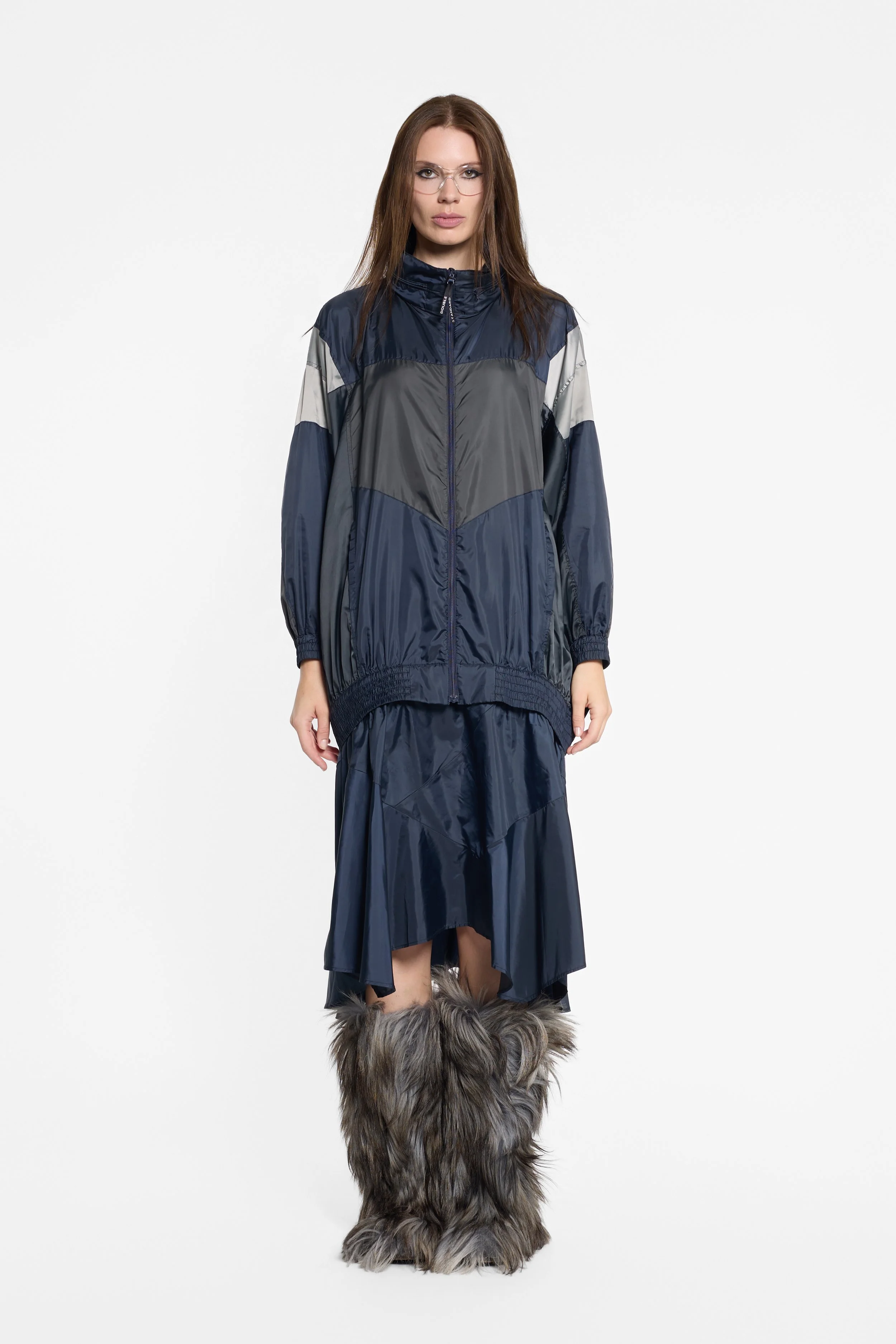 Front view of Double Standard transformable jacket dress