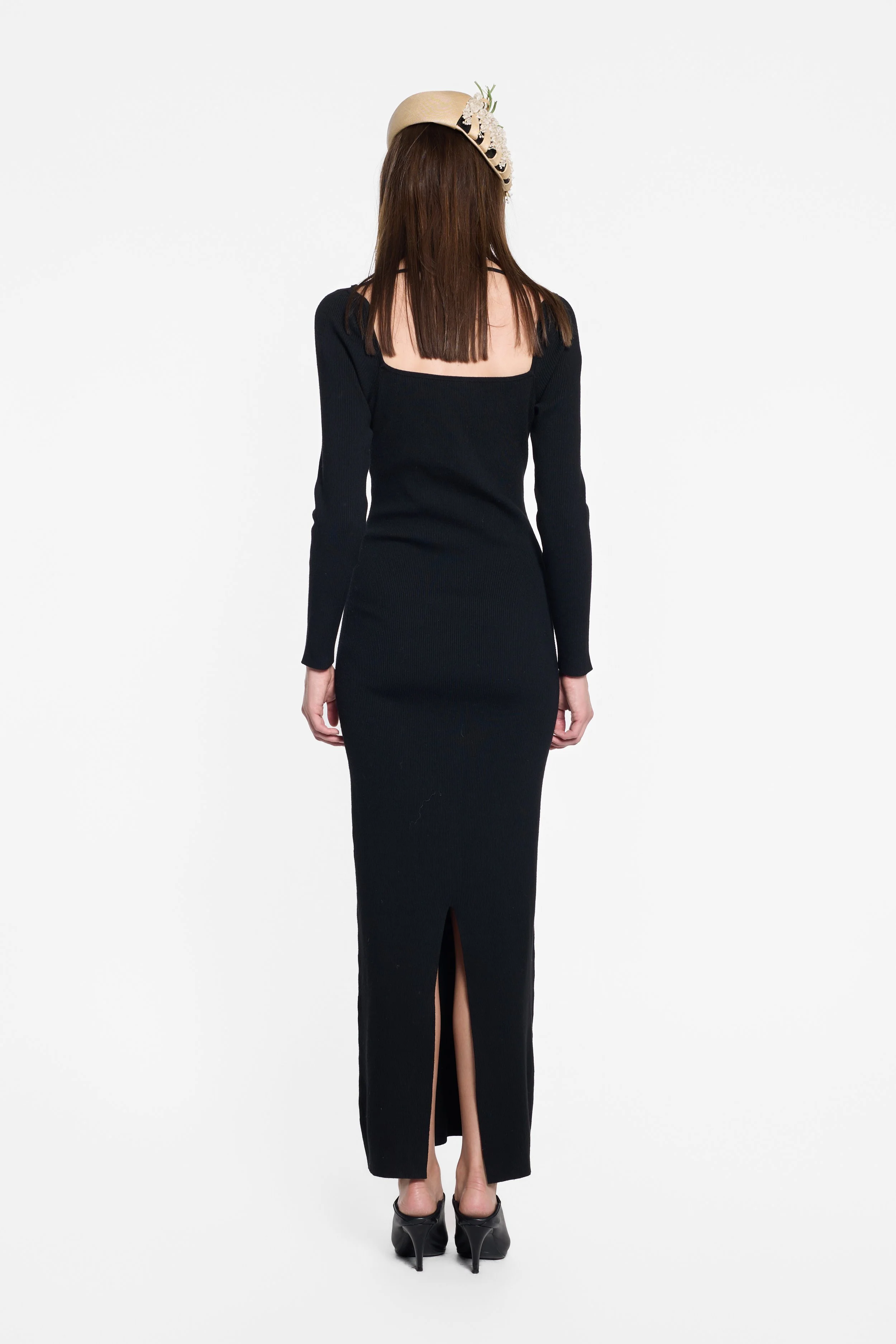 Back view of Victor Glemaud ribbed maxi dress with gathered bust
