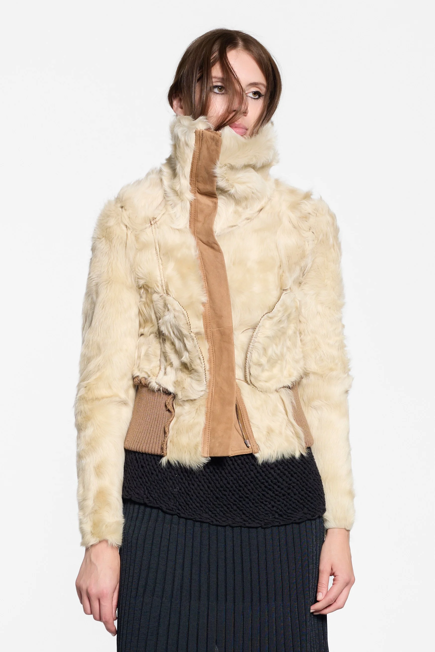 Chelseagarb sheepskin jacket styled inside out with exposed fur