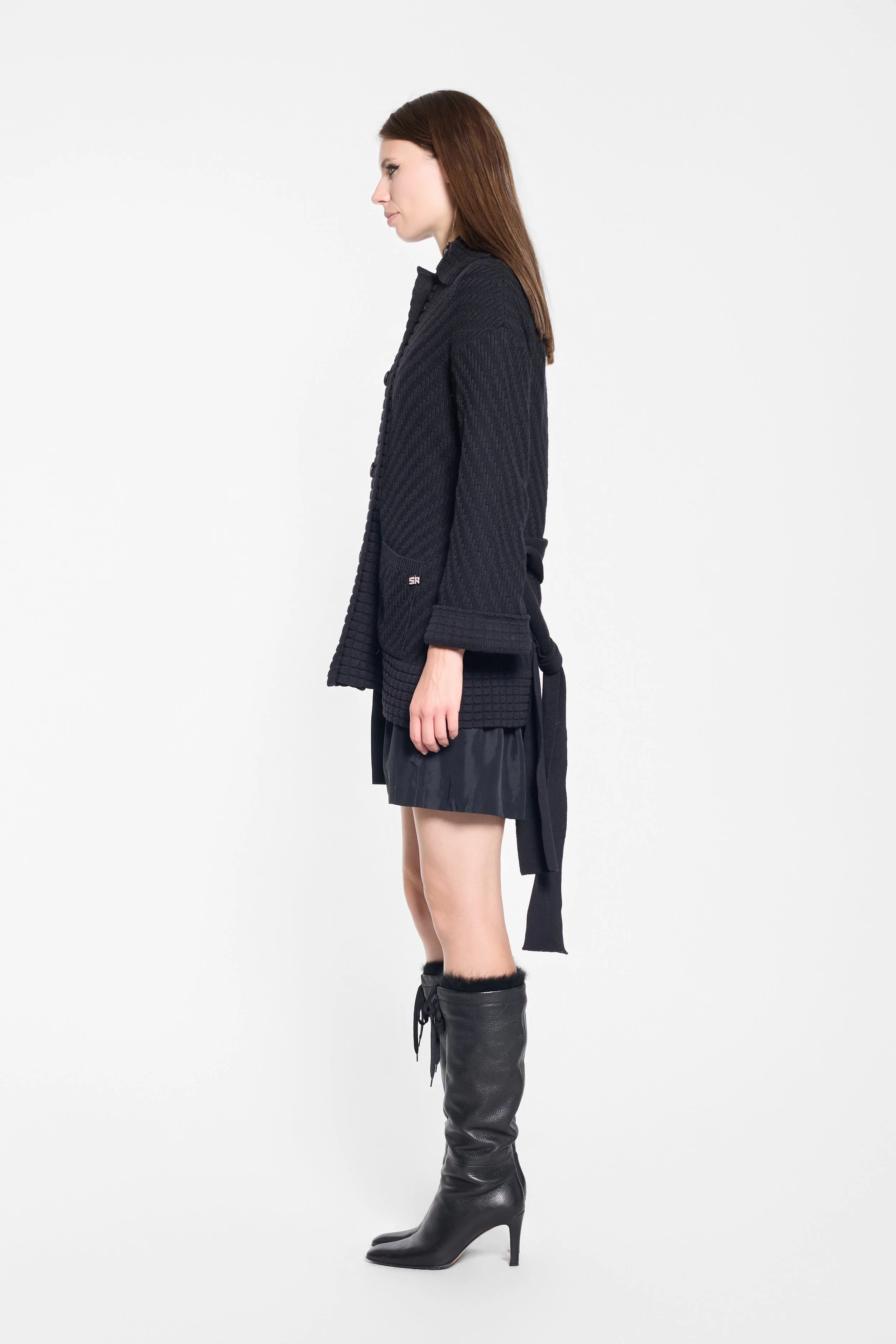 Side view of vintage Sonia Rykiel belted knit cardigan
