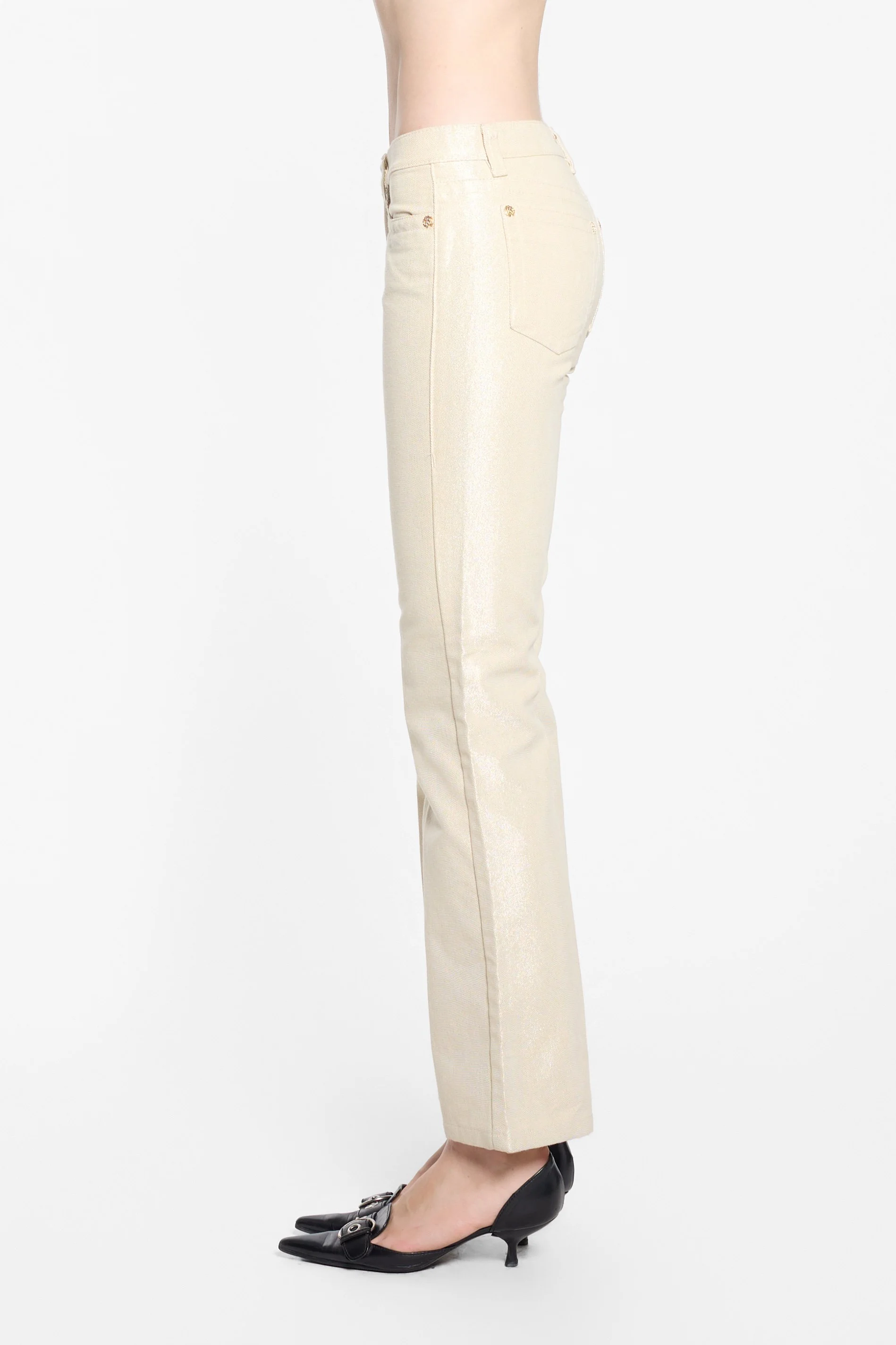 Roberto Cavalli 2007 champagne metallic jeans worn on model, side view