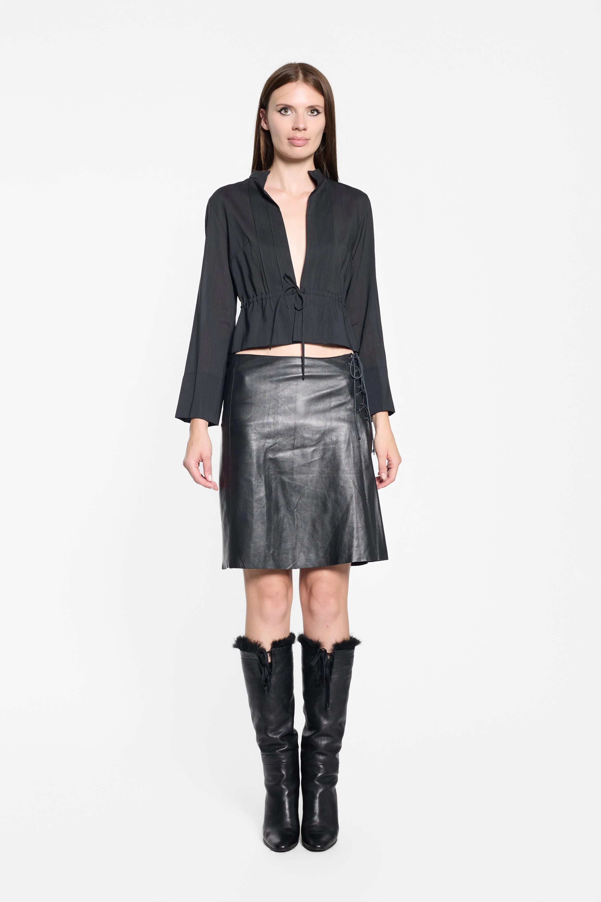 Vintage 1990s Karl Lagerfeld black cropped jacket worn on model, front view