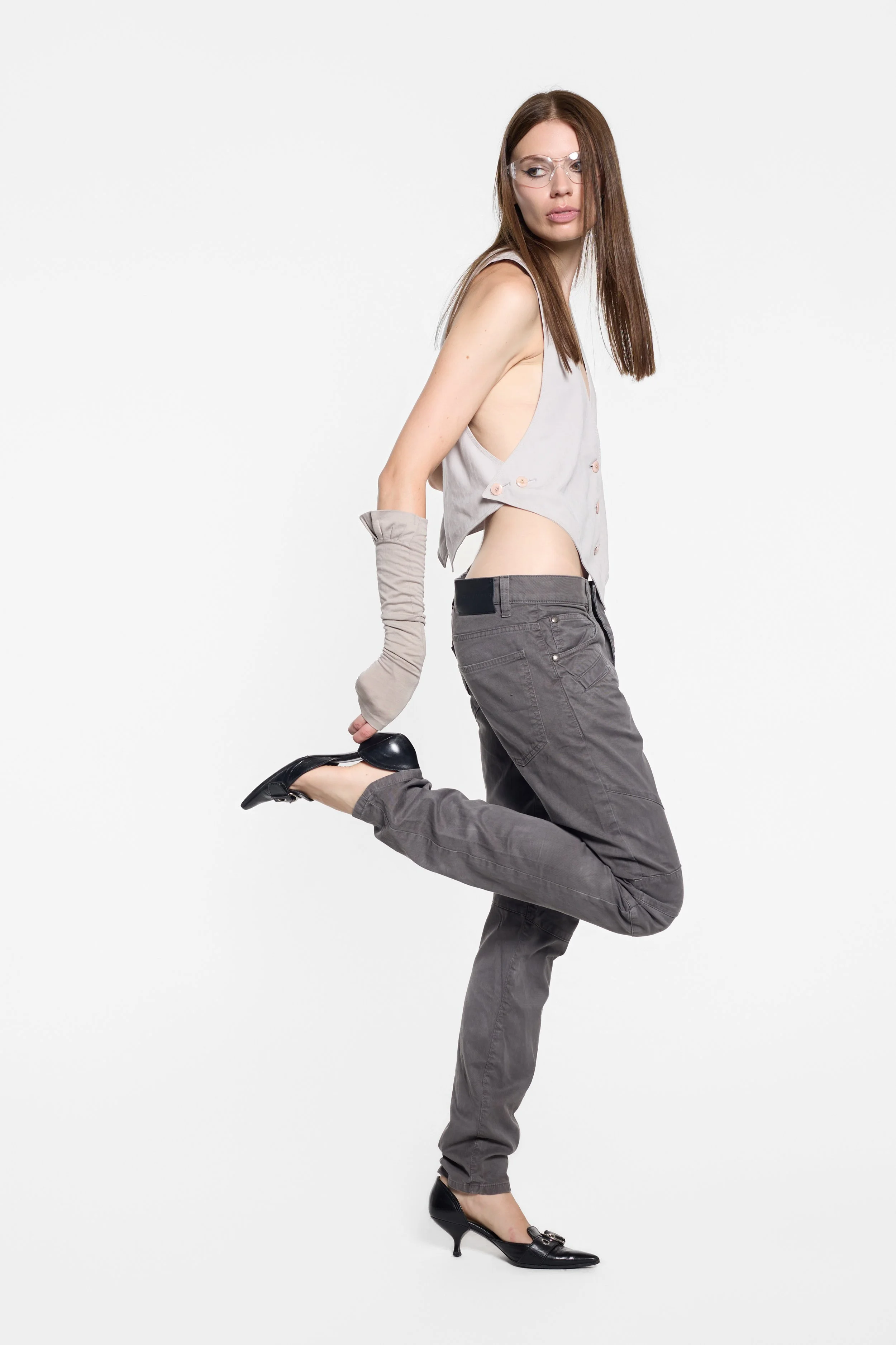 Model wearing Pierre Balmain grey biker trousers