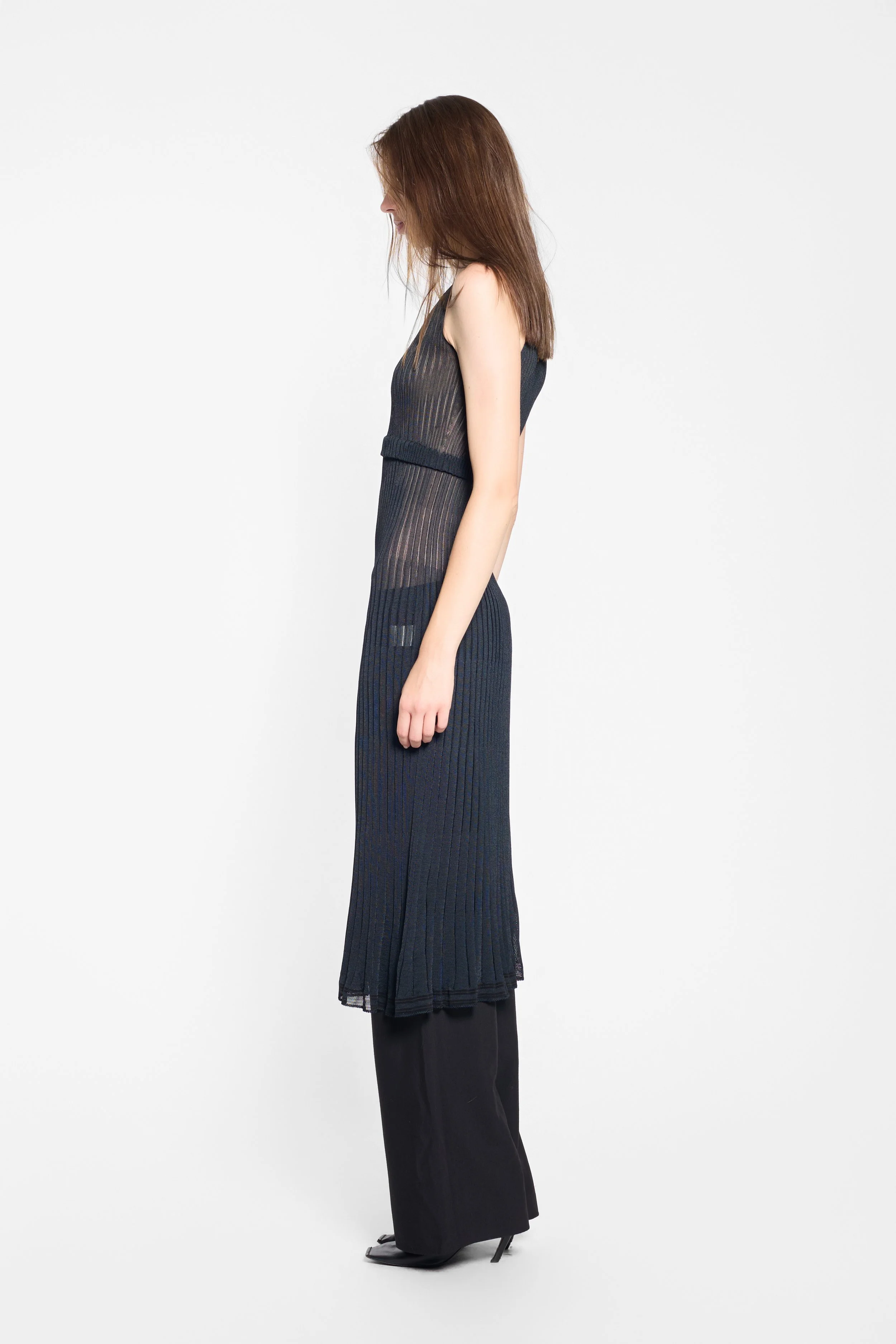 Side view of Hiroko Koshino 90s sheer knit midi dress
