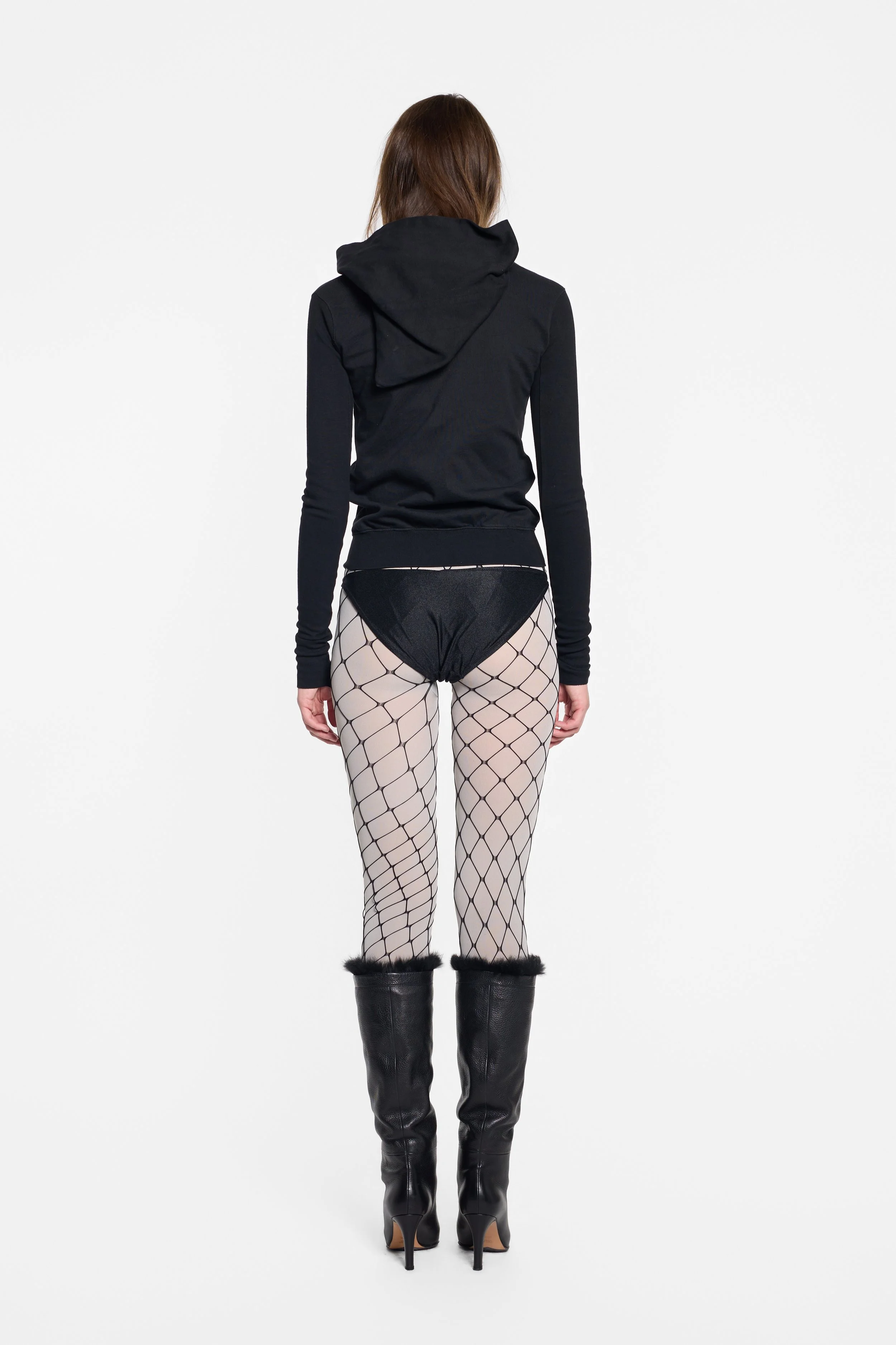 Back view of Rick Owens Mountain hoodie showing pointed hood shape