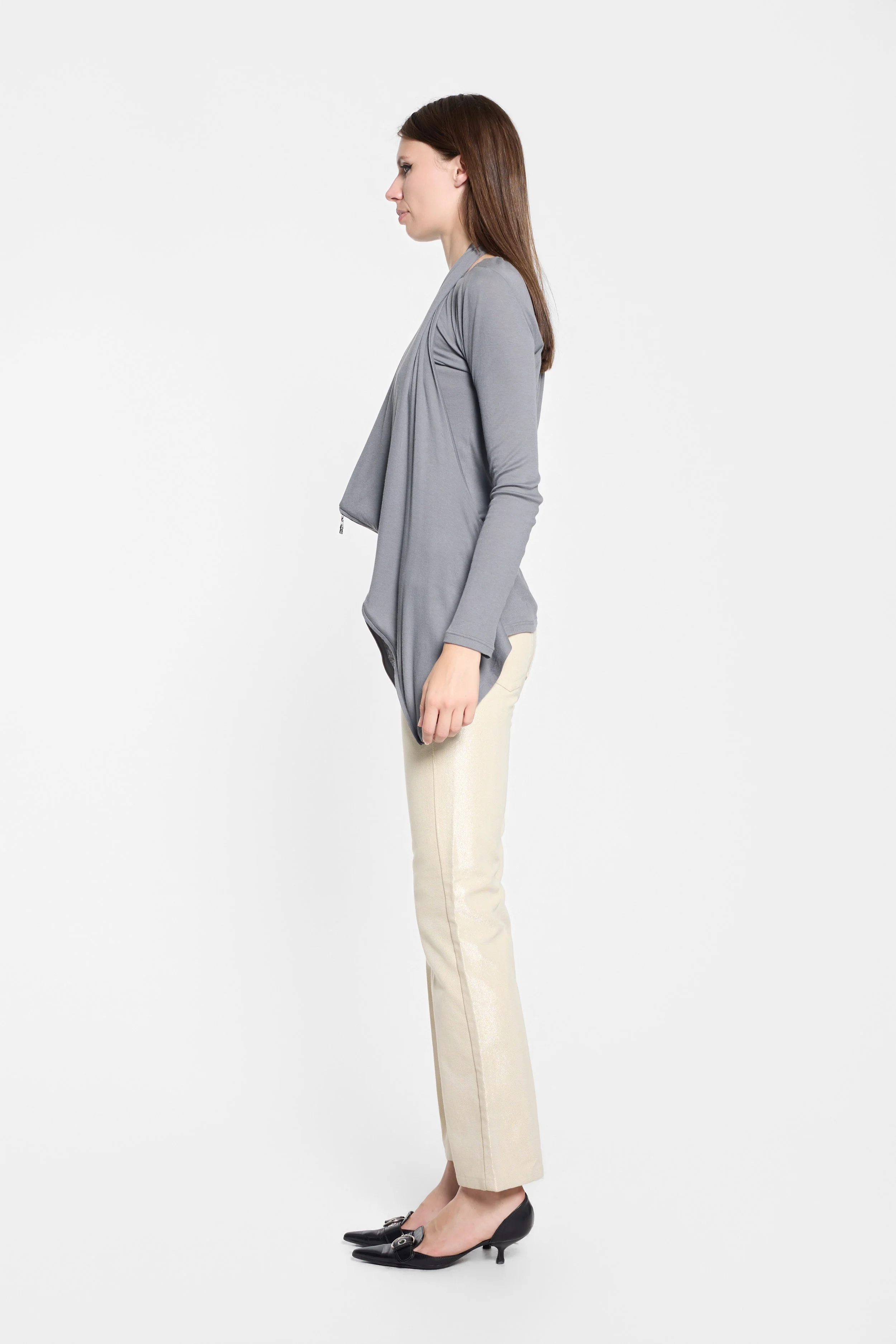 Side view of LUXXM grey layered top showing the draped overlay and asymmetric hem