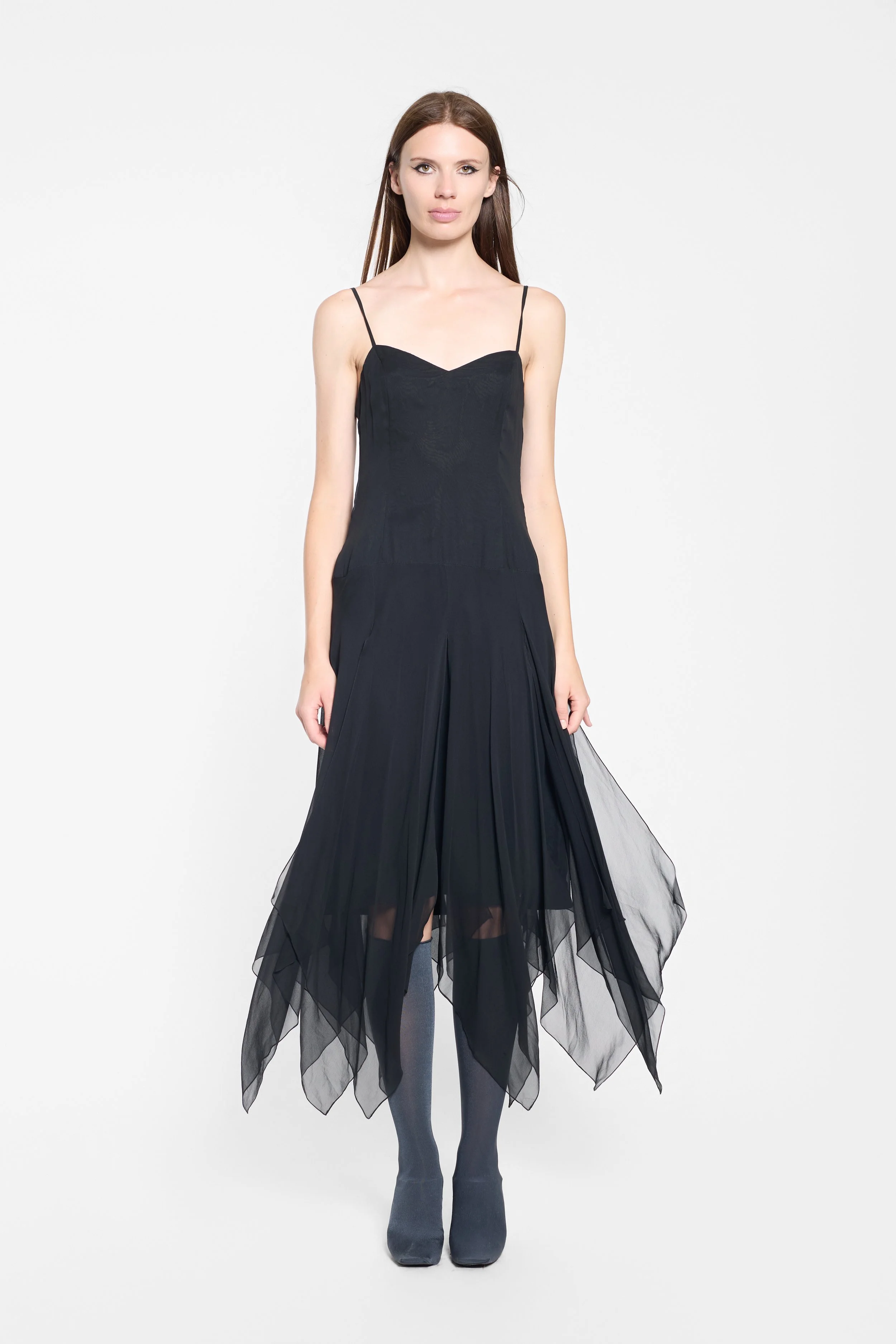 Front view of Oleg Cassini silk dress with sweetheart neckline