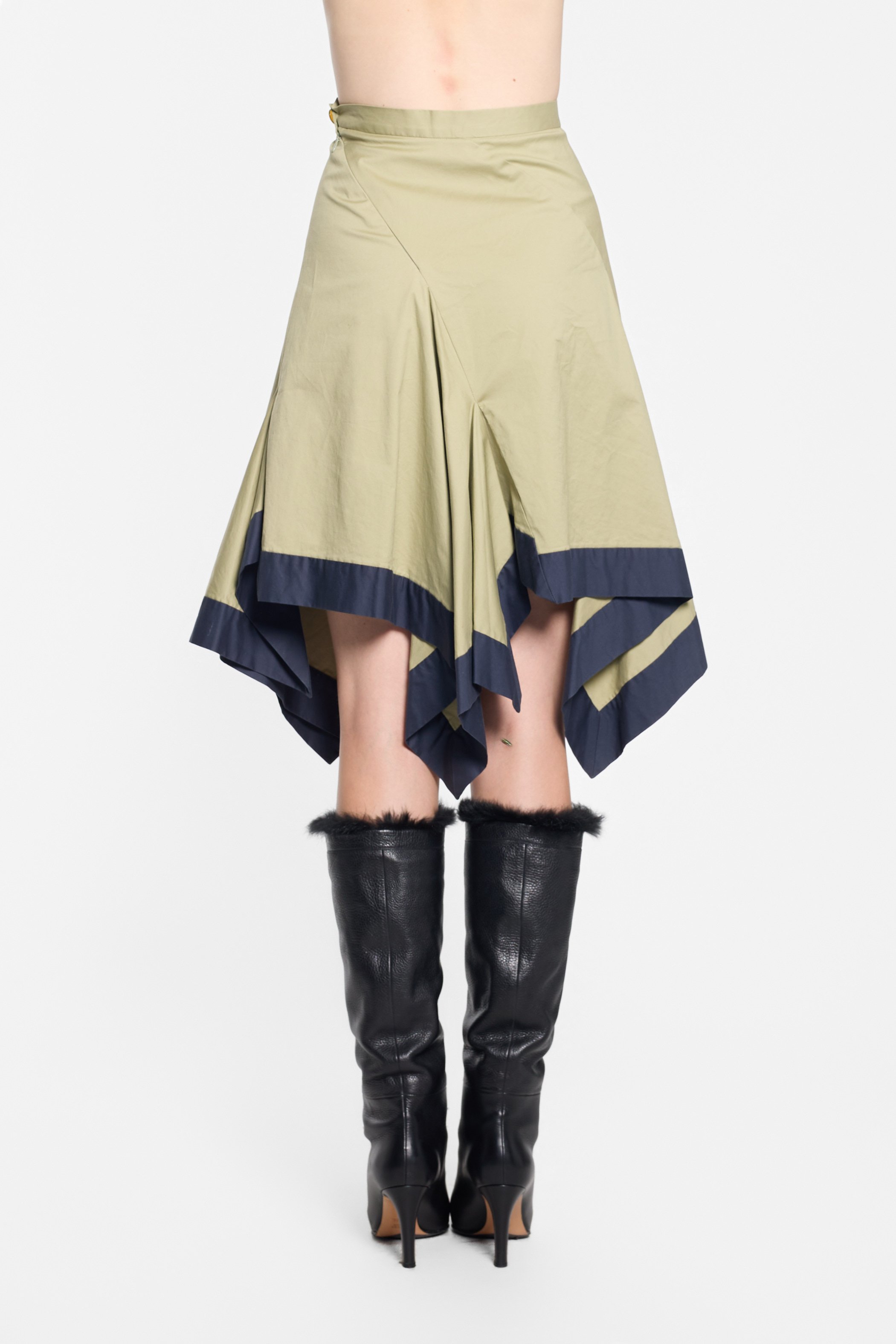 Vivienne Westwood olive asymmetric draped skirt worn on model, back view