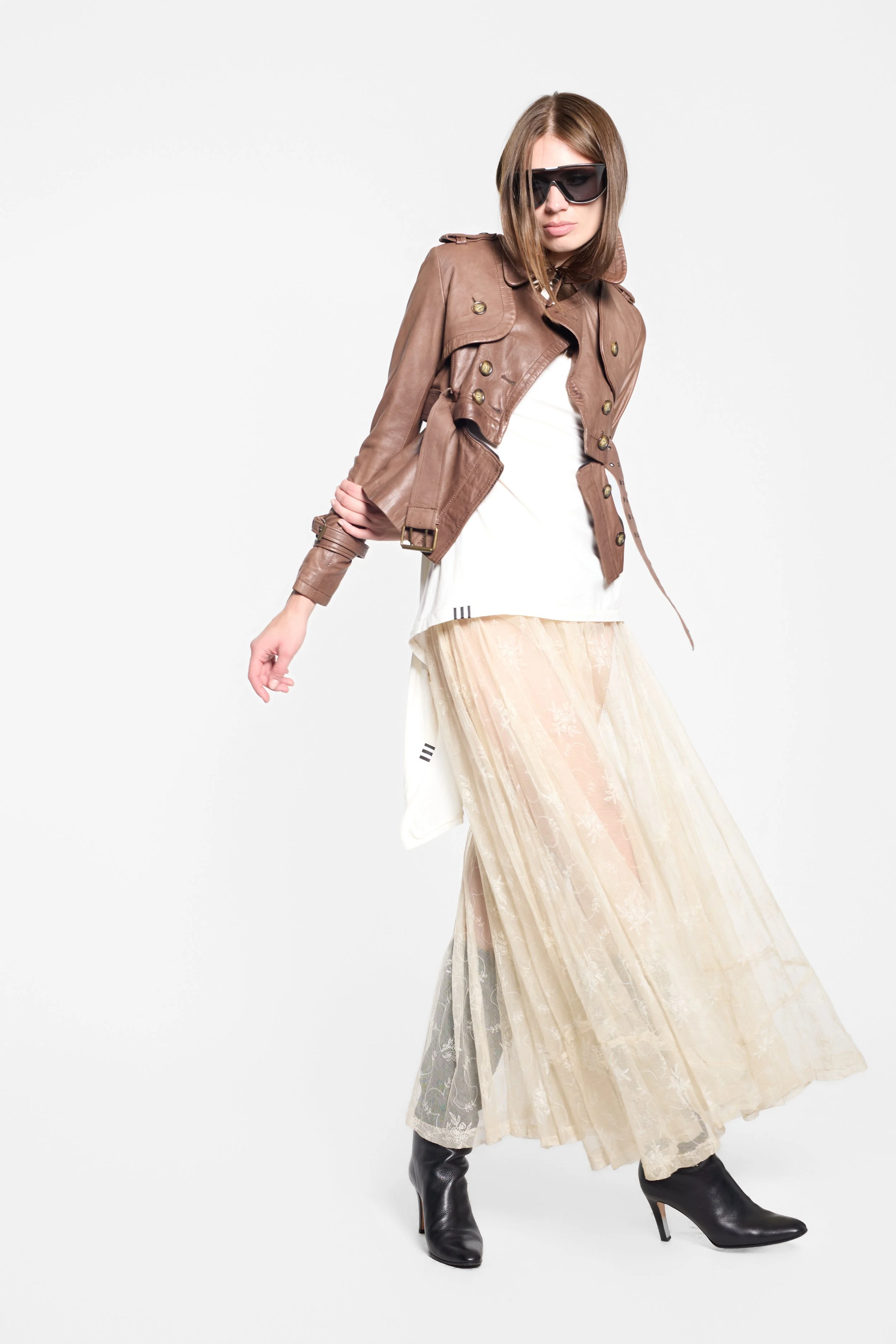 Y-3 SS2013 white runway top styled on model, full-length editorial image