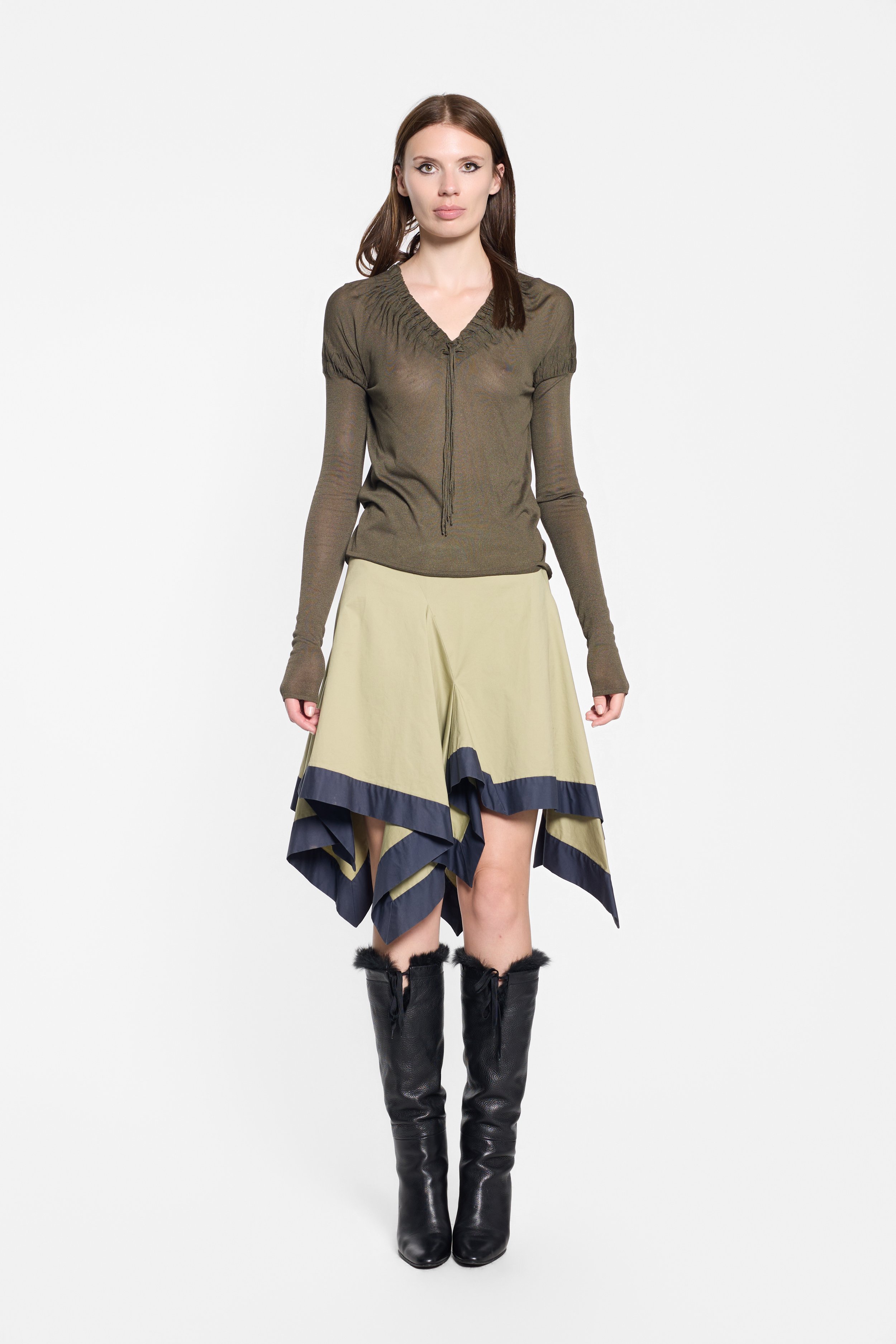 Gucci by Tom Ford olive sheer silk top worn on model, front view