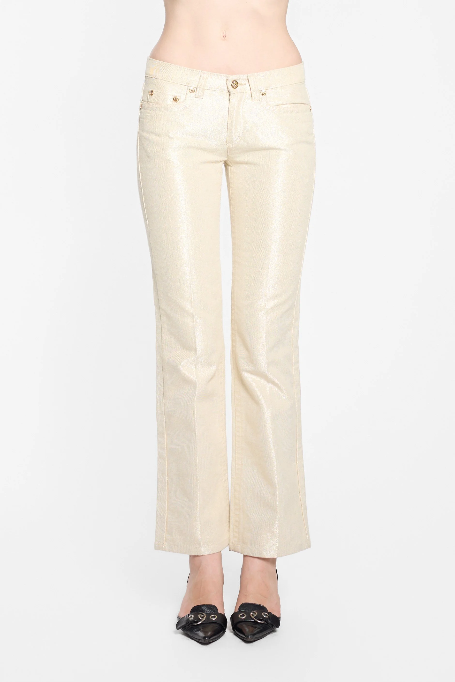 Roberto Cavalli 2007 champagne metallic jeans worn on model, front view
