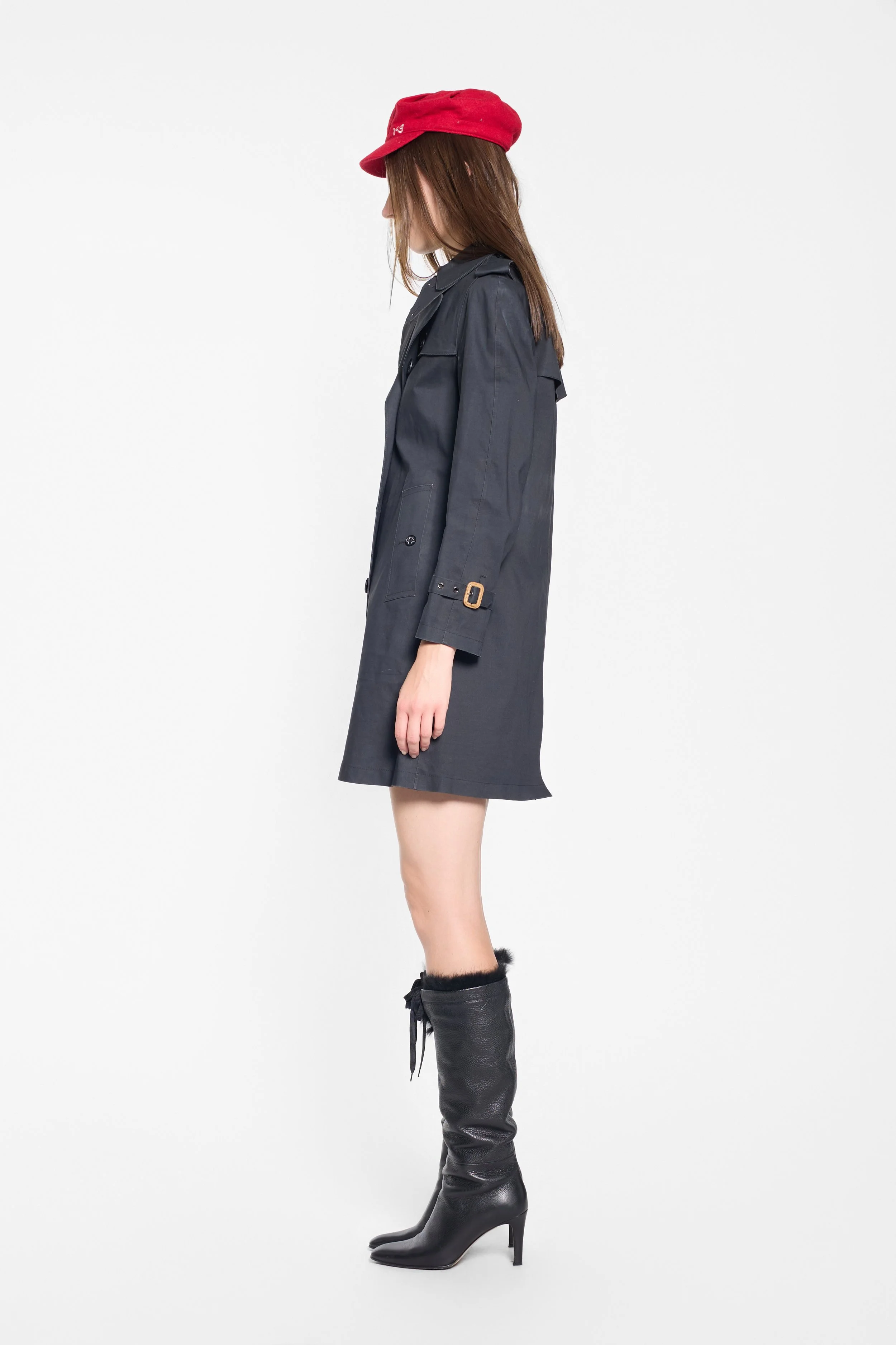 Side view of Mackintosh bonded cotton coat with leather buckle cuff