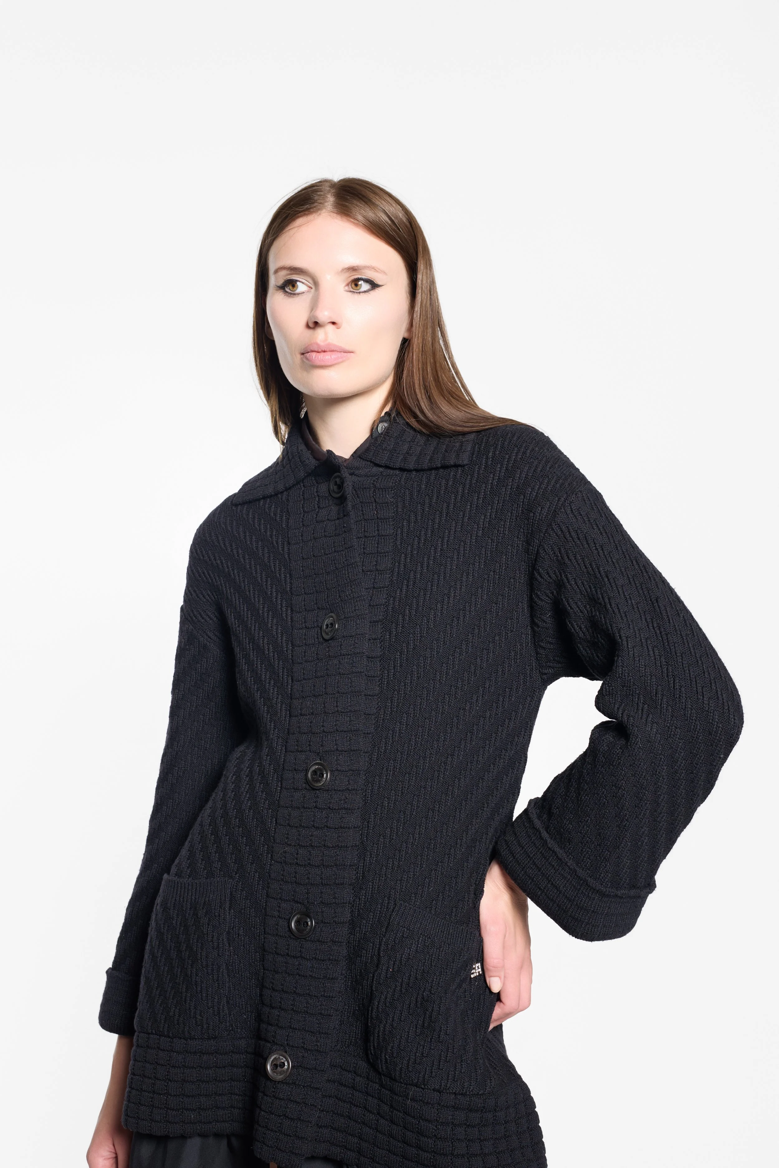 Vintage Sonia Rykiel wool cashmere cardigan styled on model