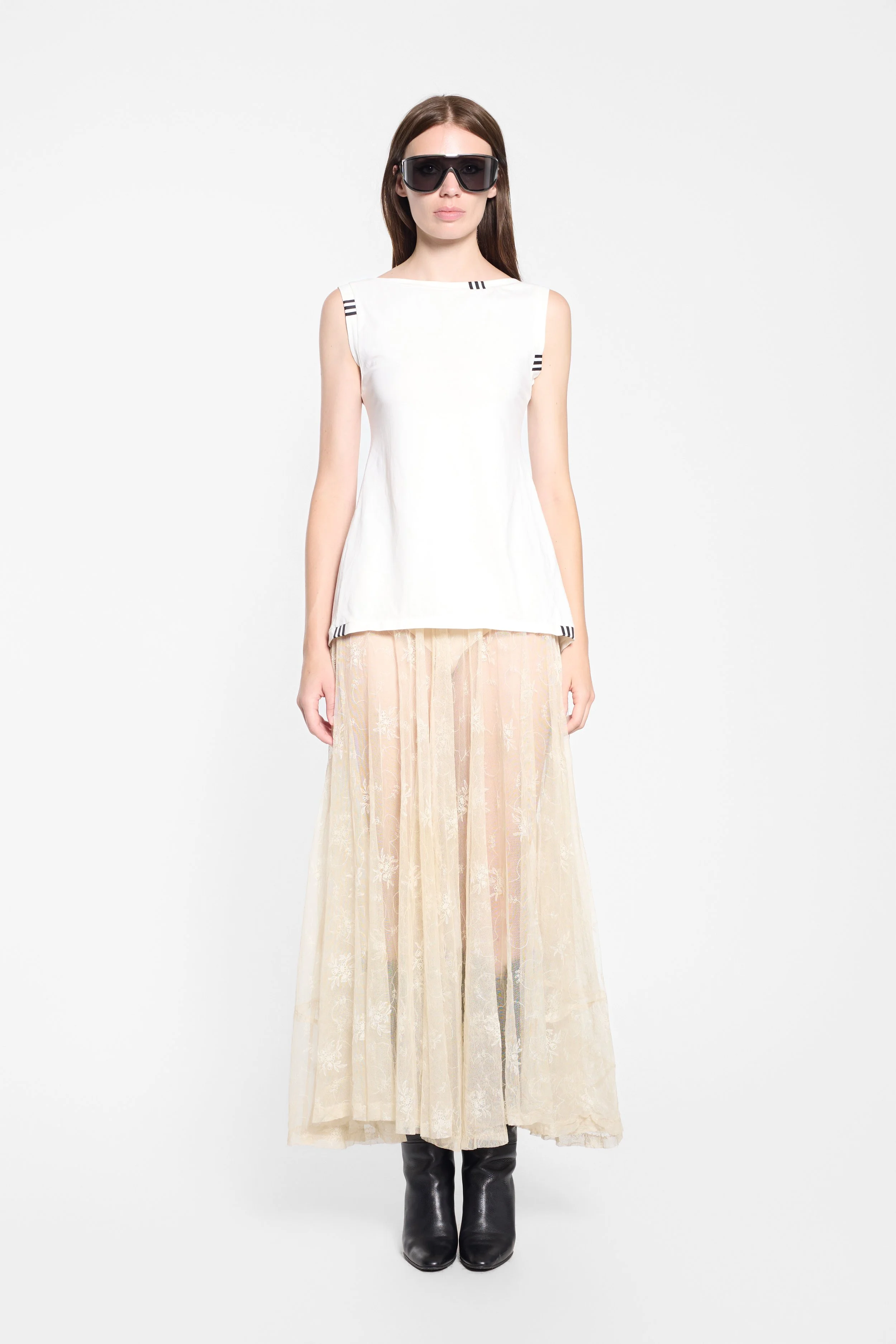Y-3 SS2013 white asymmetric sleeveless top worn on model, front view