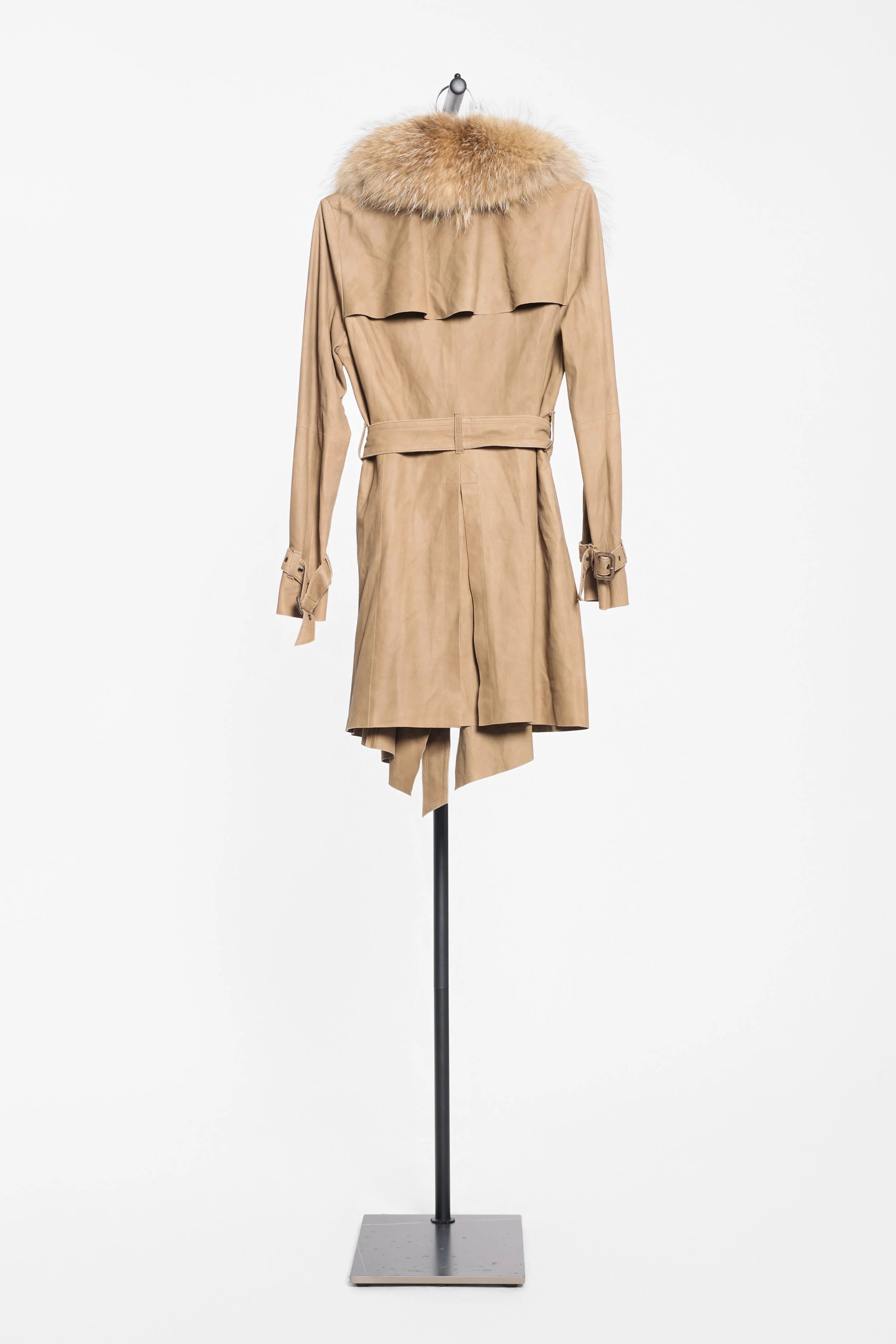 Full back view of Rawtus belted goat suede trench coat