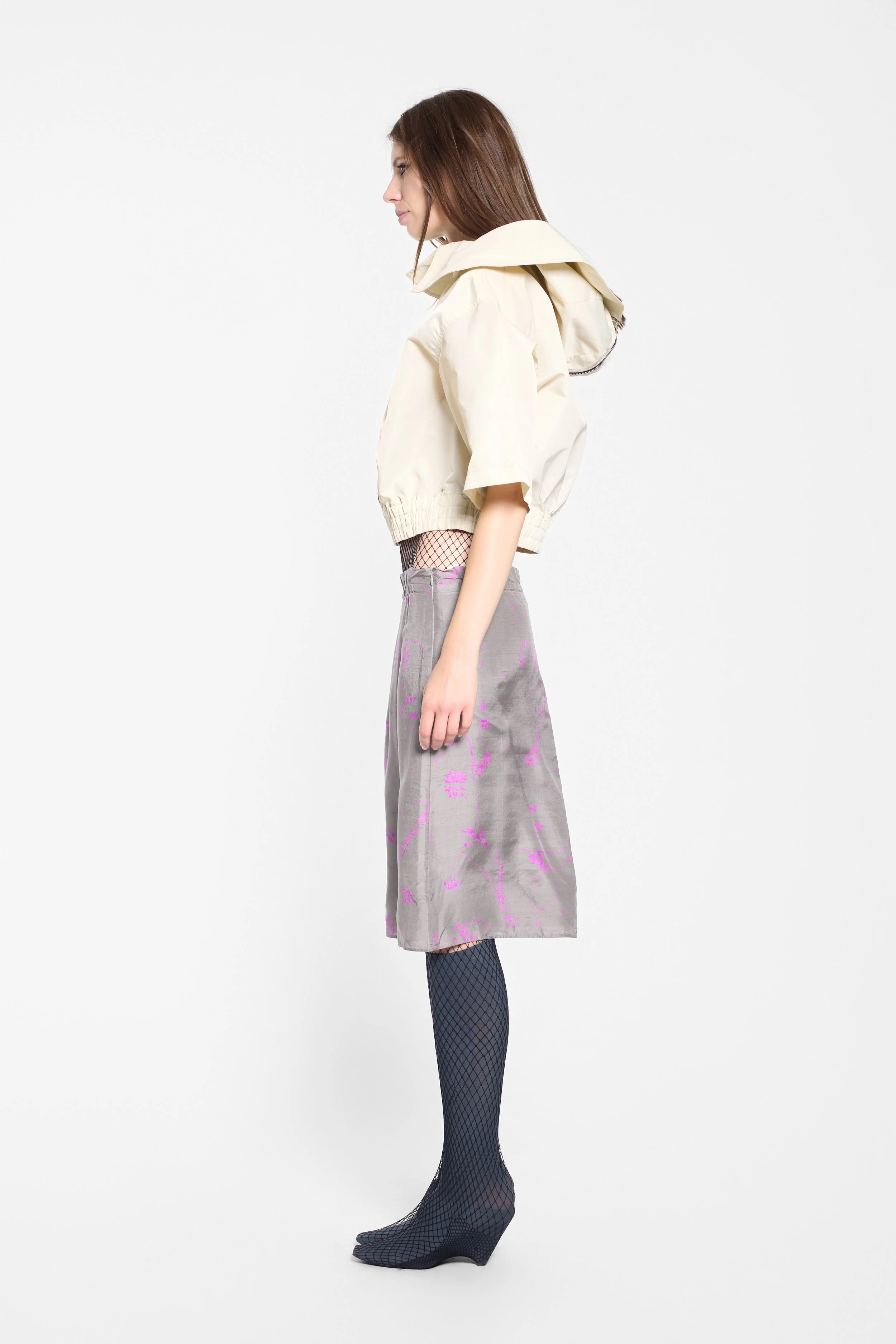 Side profile of the cropped Rick Owens jacket with angular shoulders