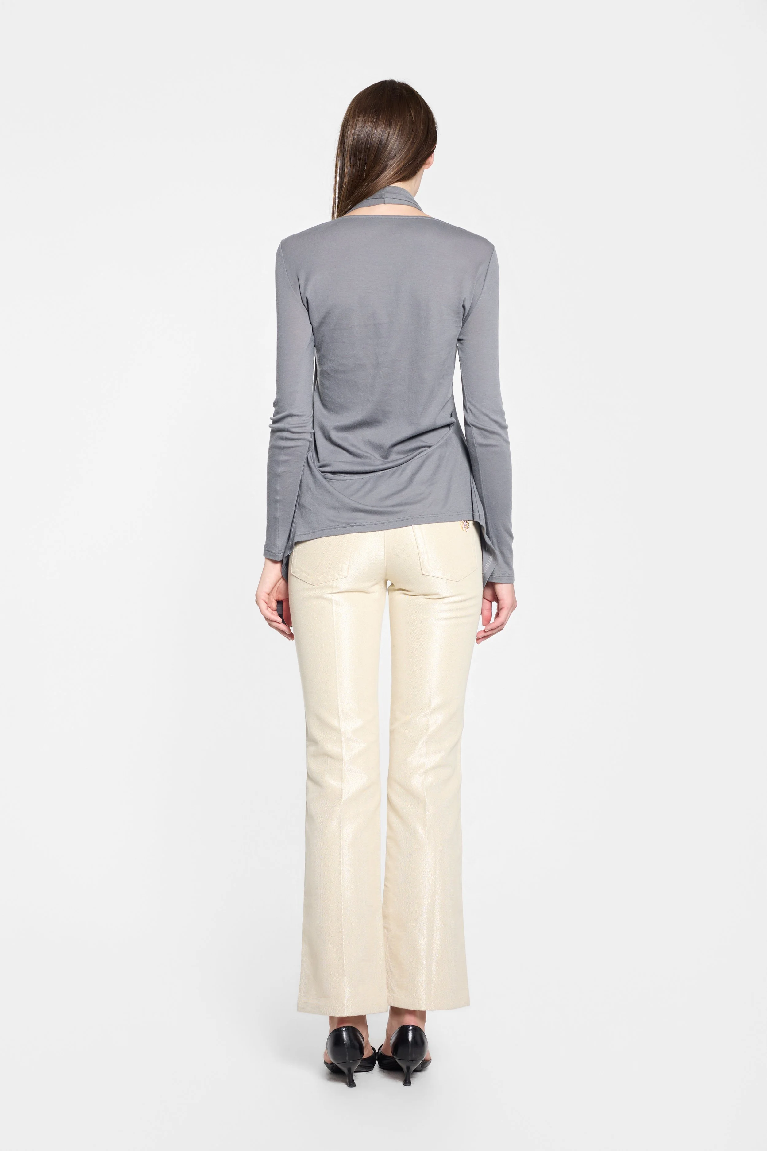 Back view of LUXXM grey cotton-silk long-sleeve top with sleeveless overlay