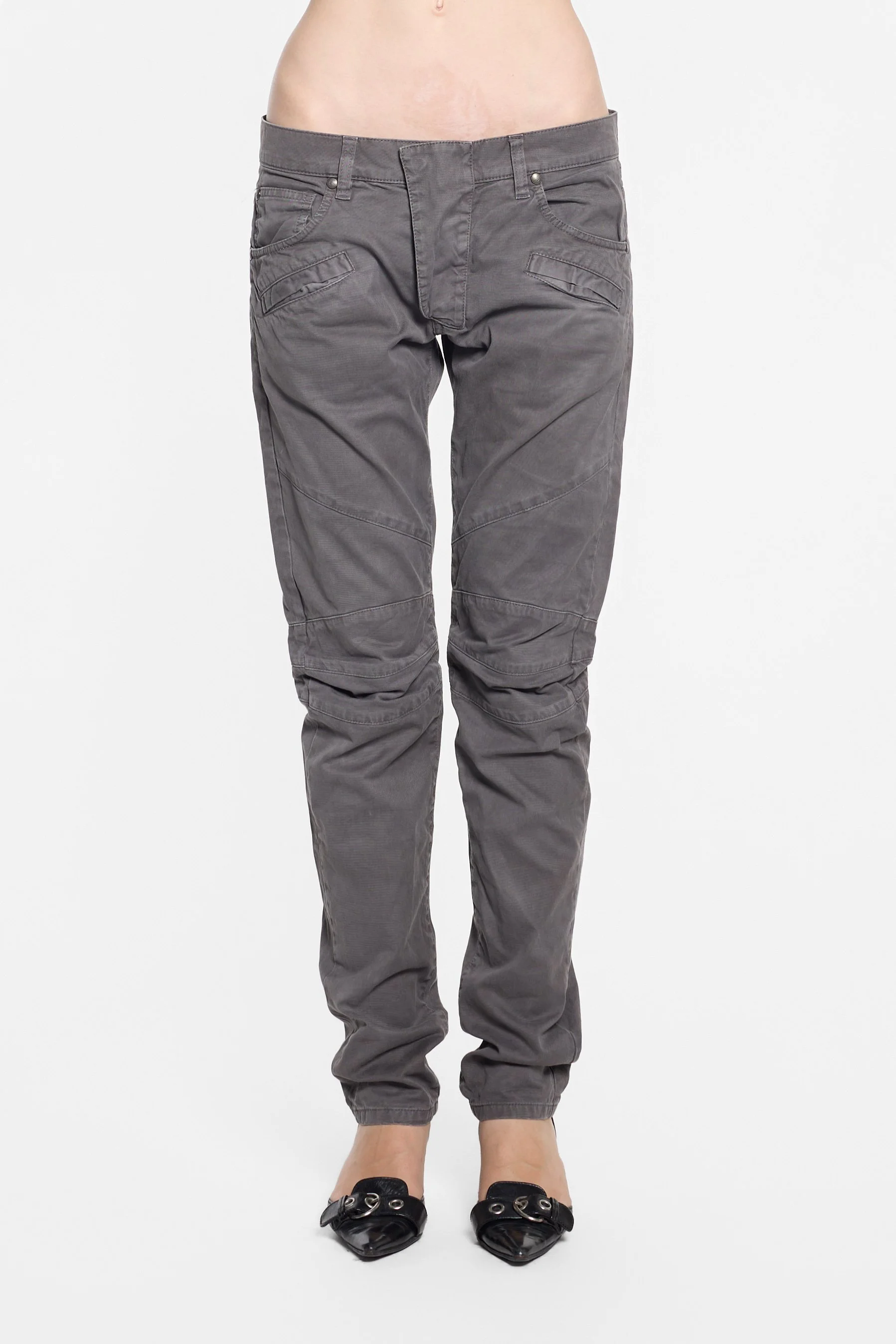 Front view of Pierre Balmain grey biker trousers