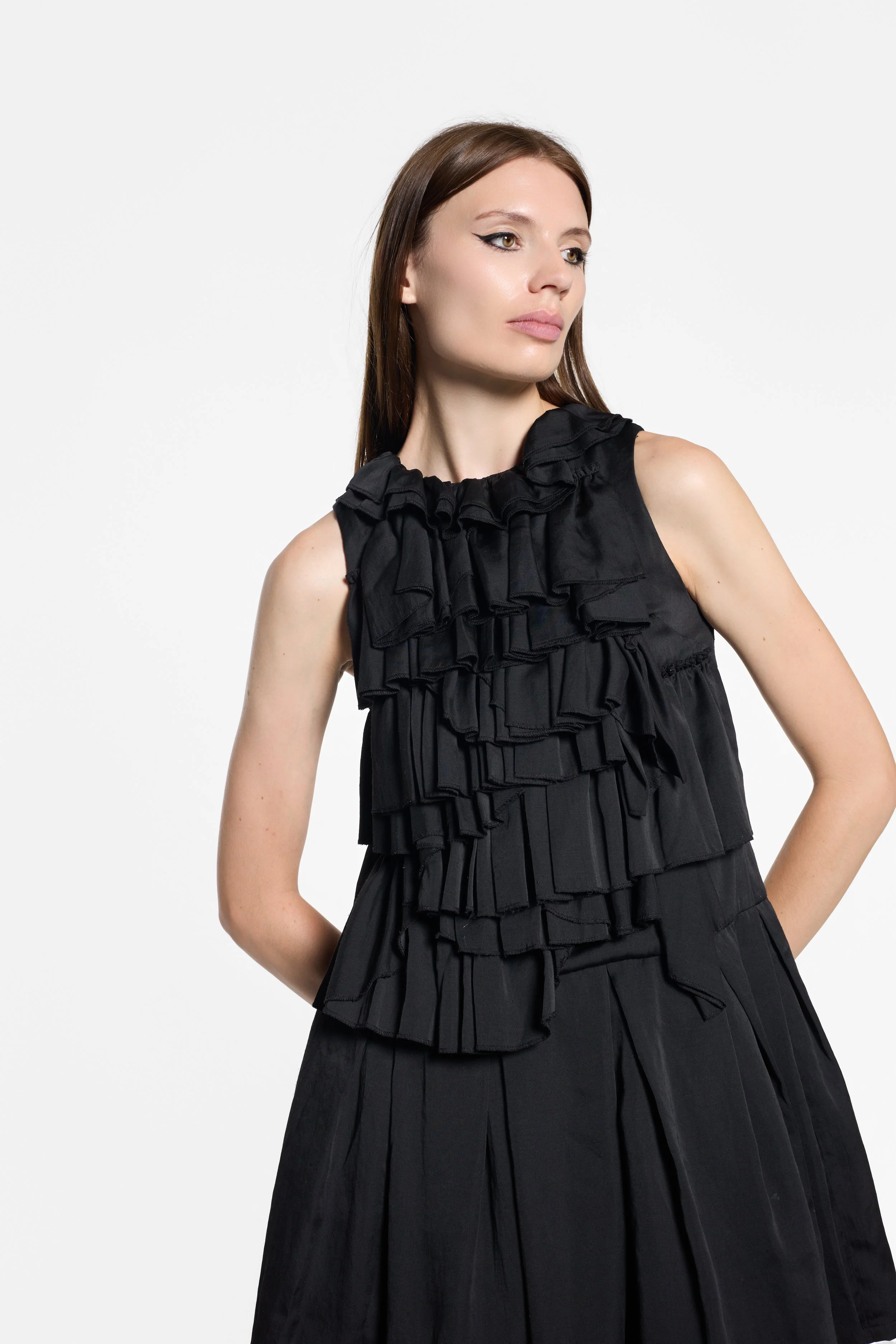 Close-up of layered ruffle detailing across the front of Douceur dress