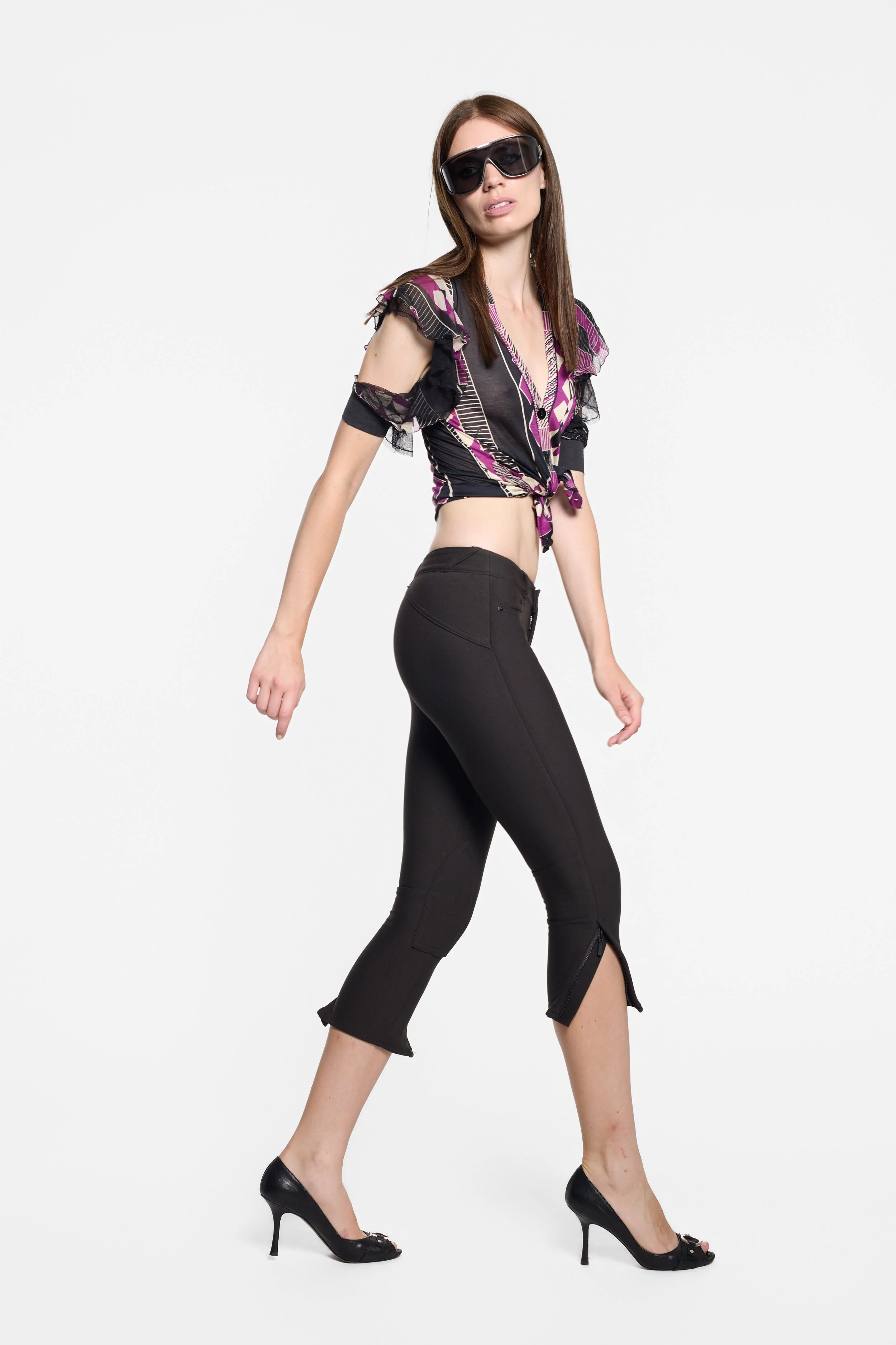 Model wearing Jean Paul Gaultier geometric print silk top