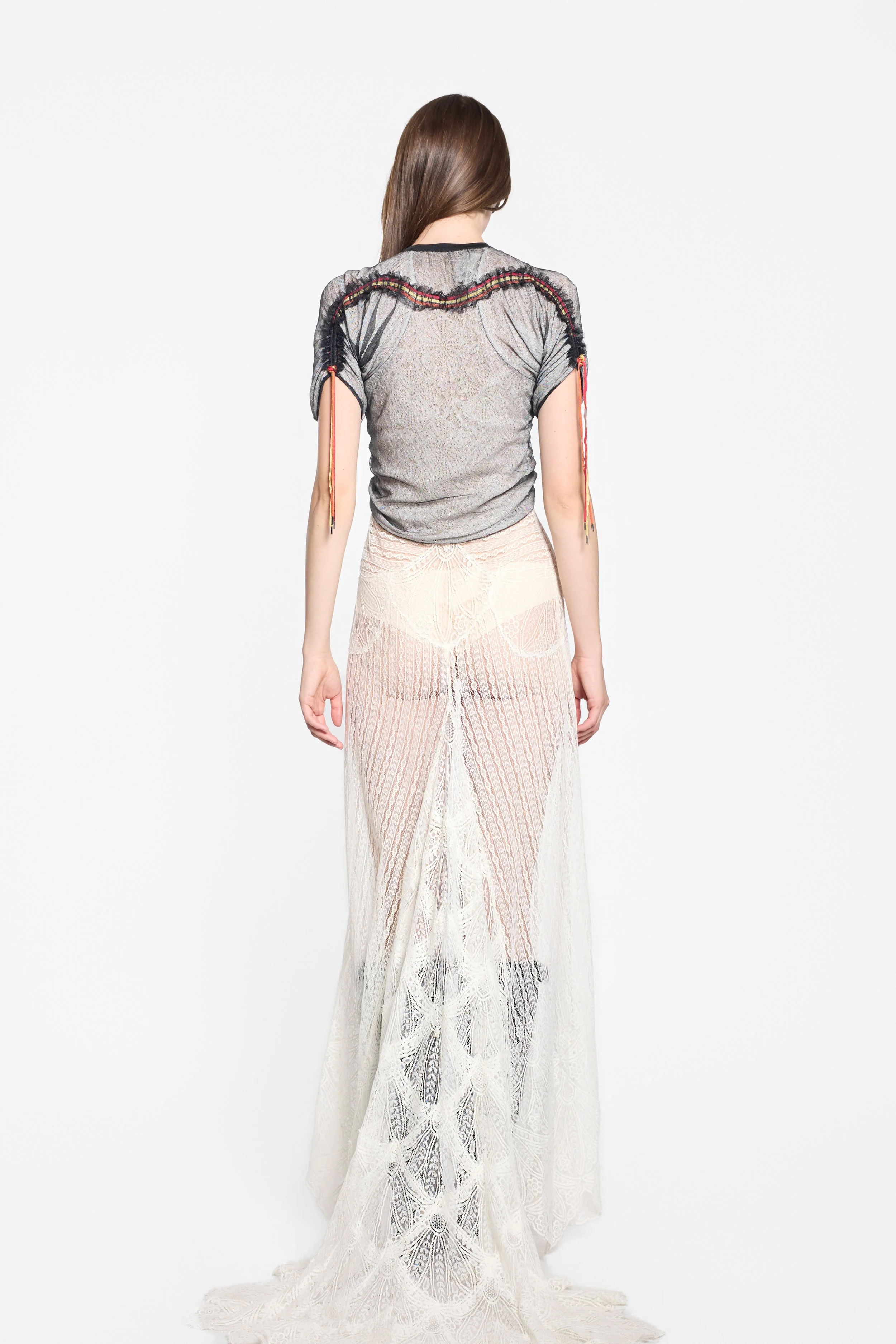 Back view showing multicoloured ties on Dior Galliano mesh top