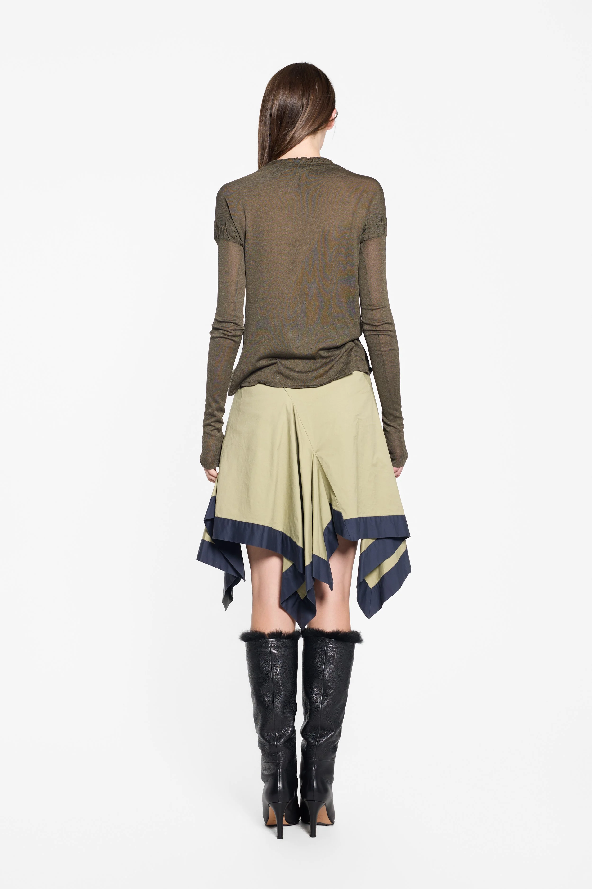Gucci by Tom Ford olive sheer silk top worn on model, back view