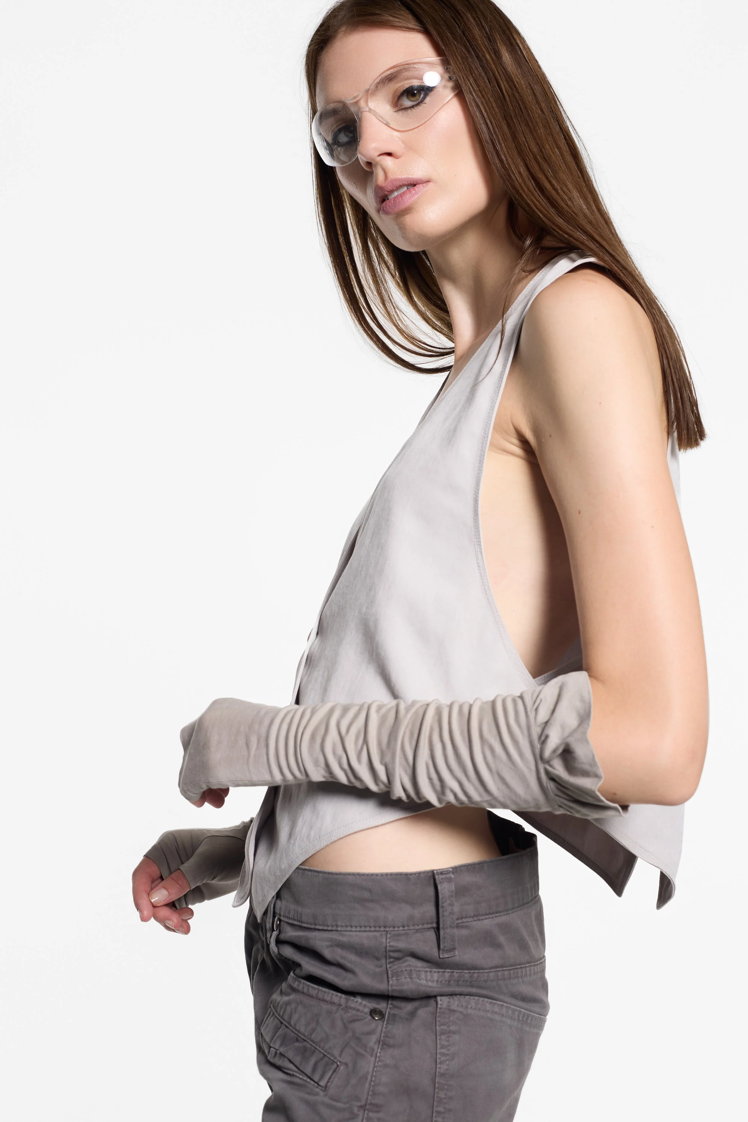 Hardy Amies deep V-neck waistcoat styled on model