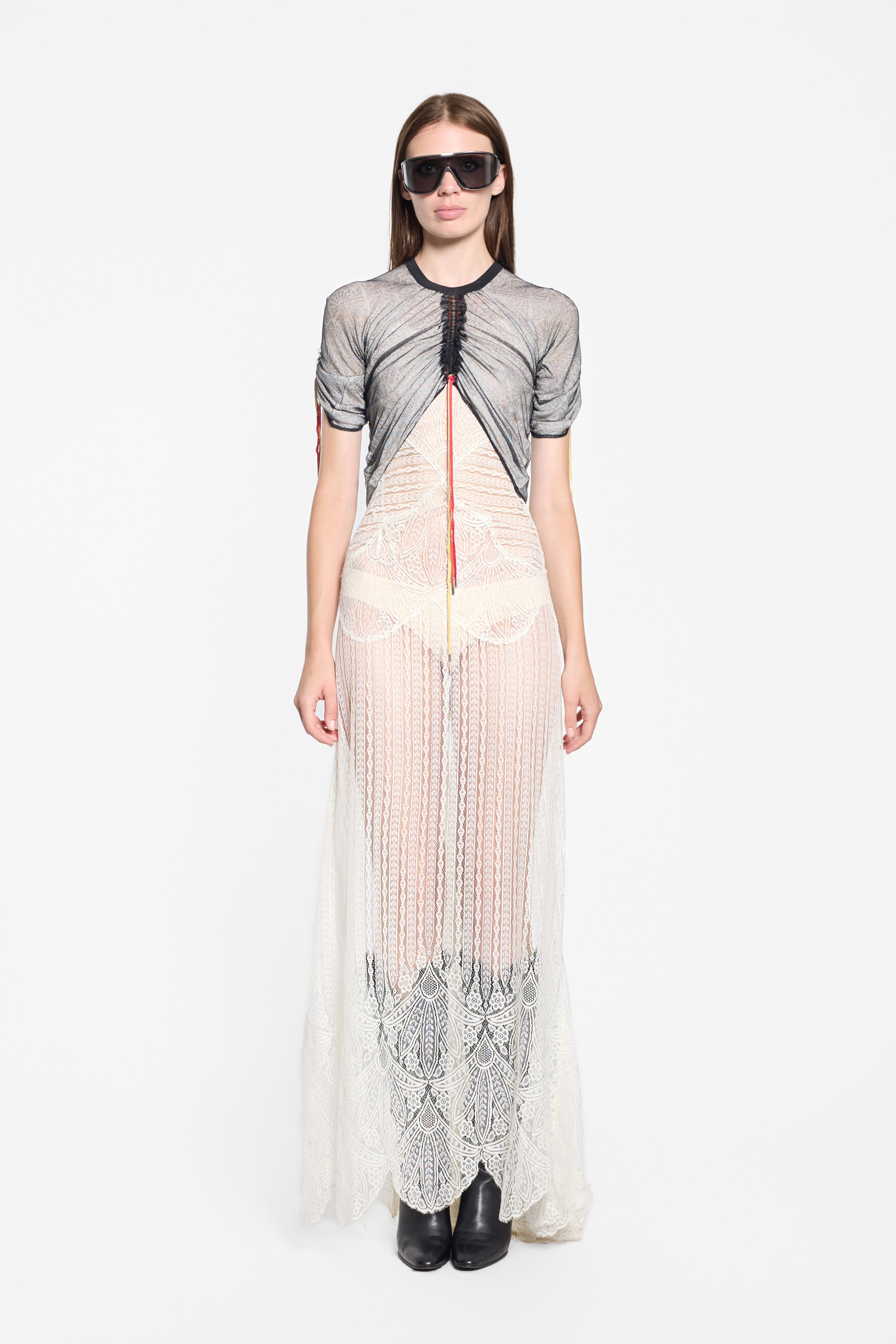 Front view of Dior by John Galliano black mesh top with coloured ties