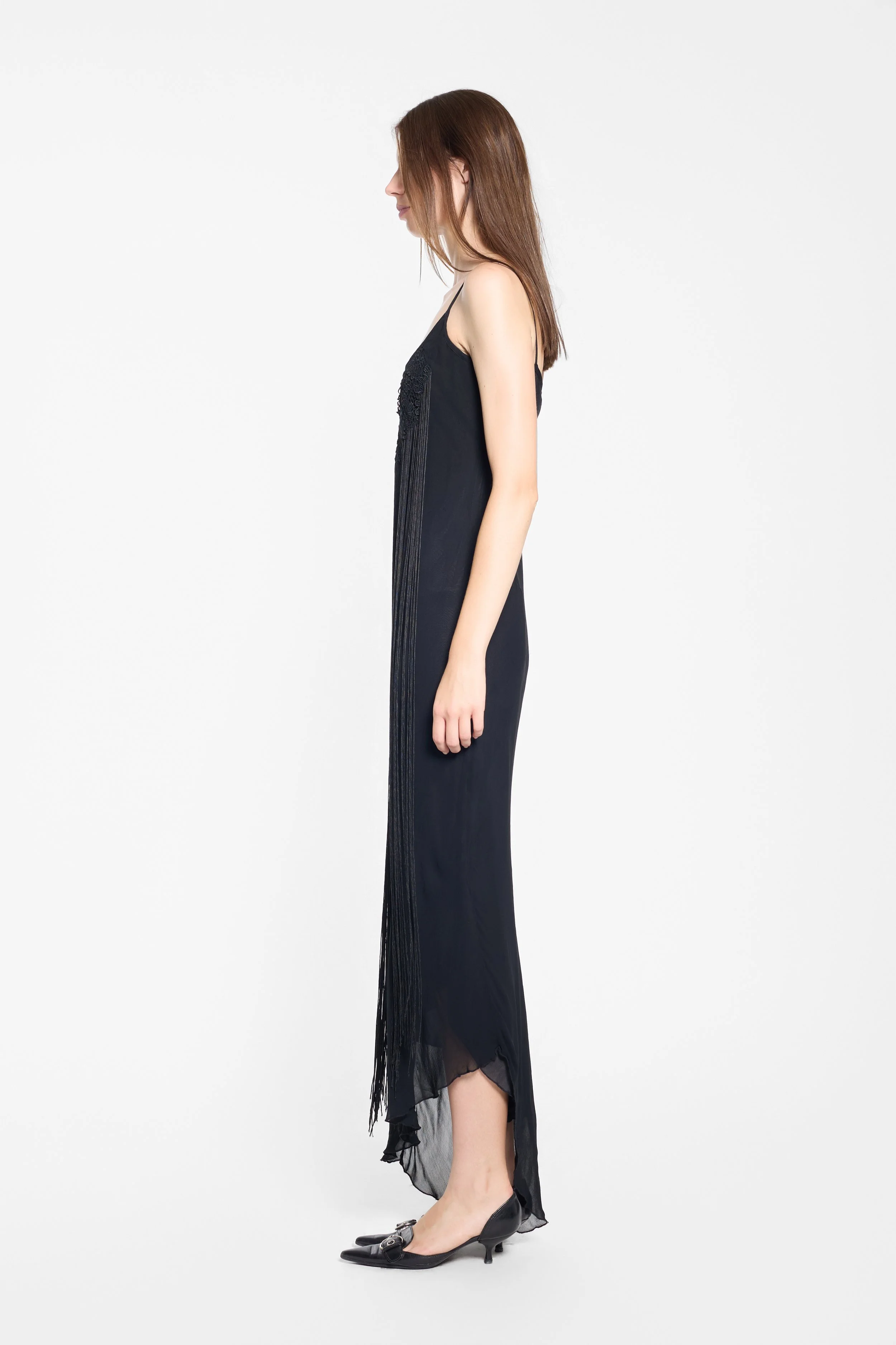 Side profile of the Isabel Kristensen asymmetric fringe gown
