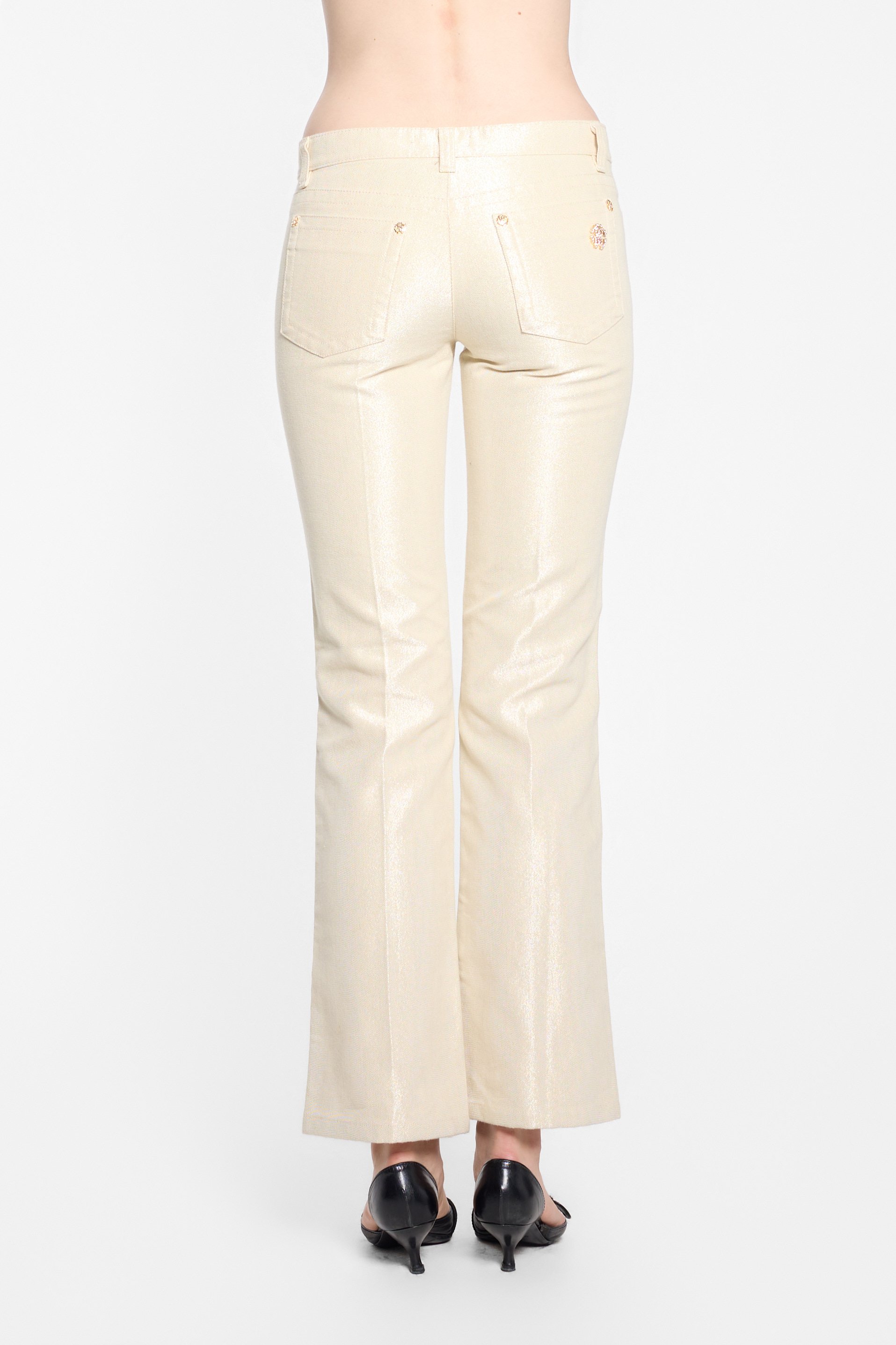 Roberto Cavalli 2007 champagne metallic jeans worn on model, back view