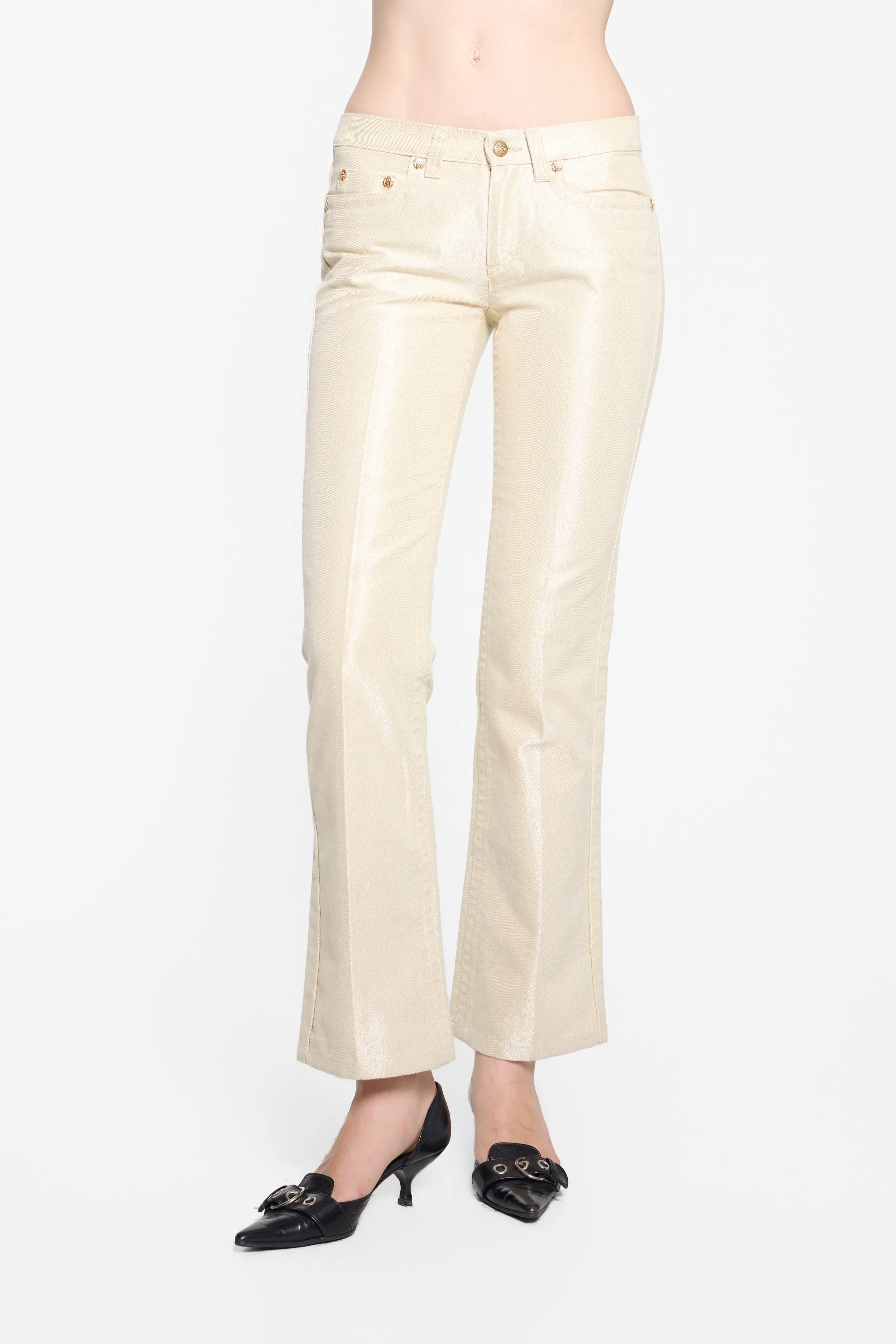 Roberto Cavalli 2007 champagne metallic jeans styled on model, editorial image