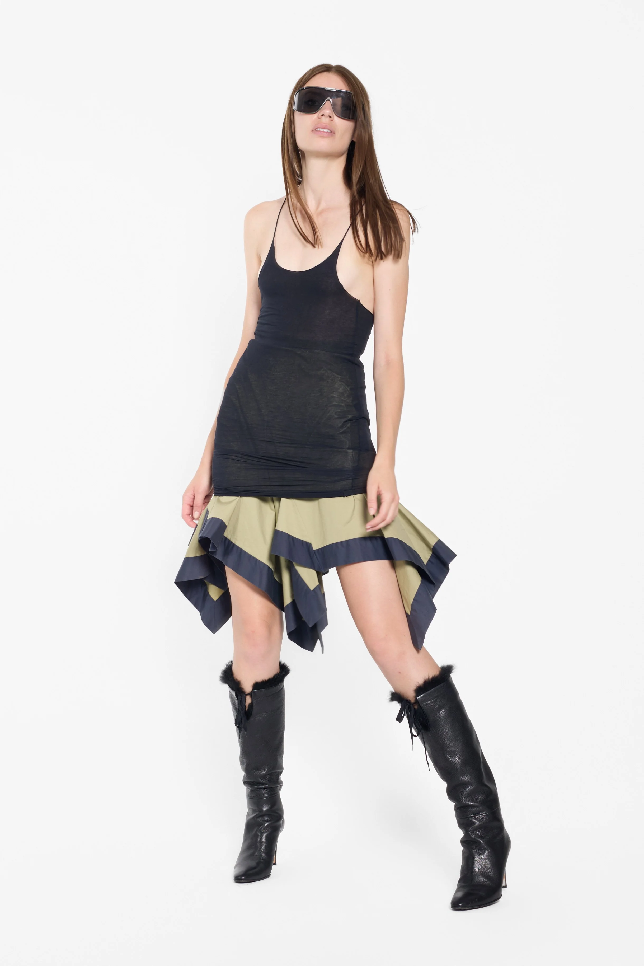 Janus black sheer racerback vest styled on model, editorial image